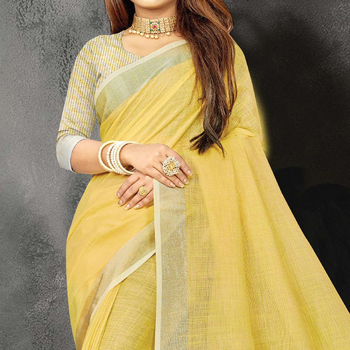 Yellow Festive Wear Solid Linen Saree - Peachmode