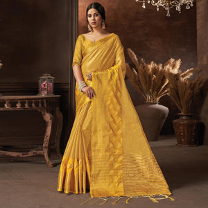 Yellow Festive Wear Solid Organza Saree With Tassels - Peachmode