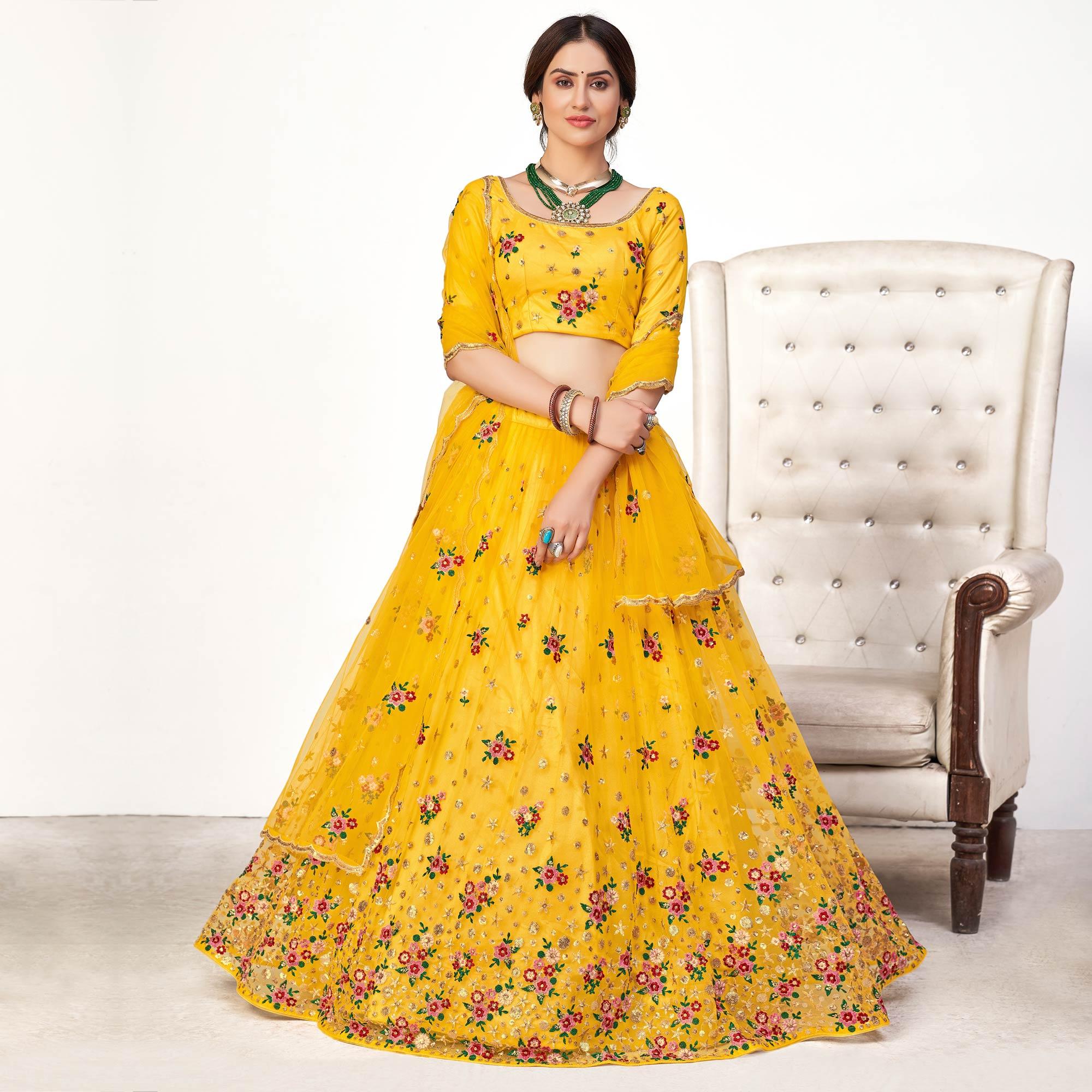 Yellow Festive Wear Thread With Floral Sequence Embroidered Net Lehenga Choli - Peachmode