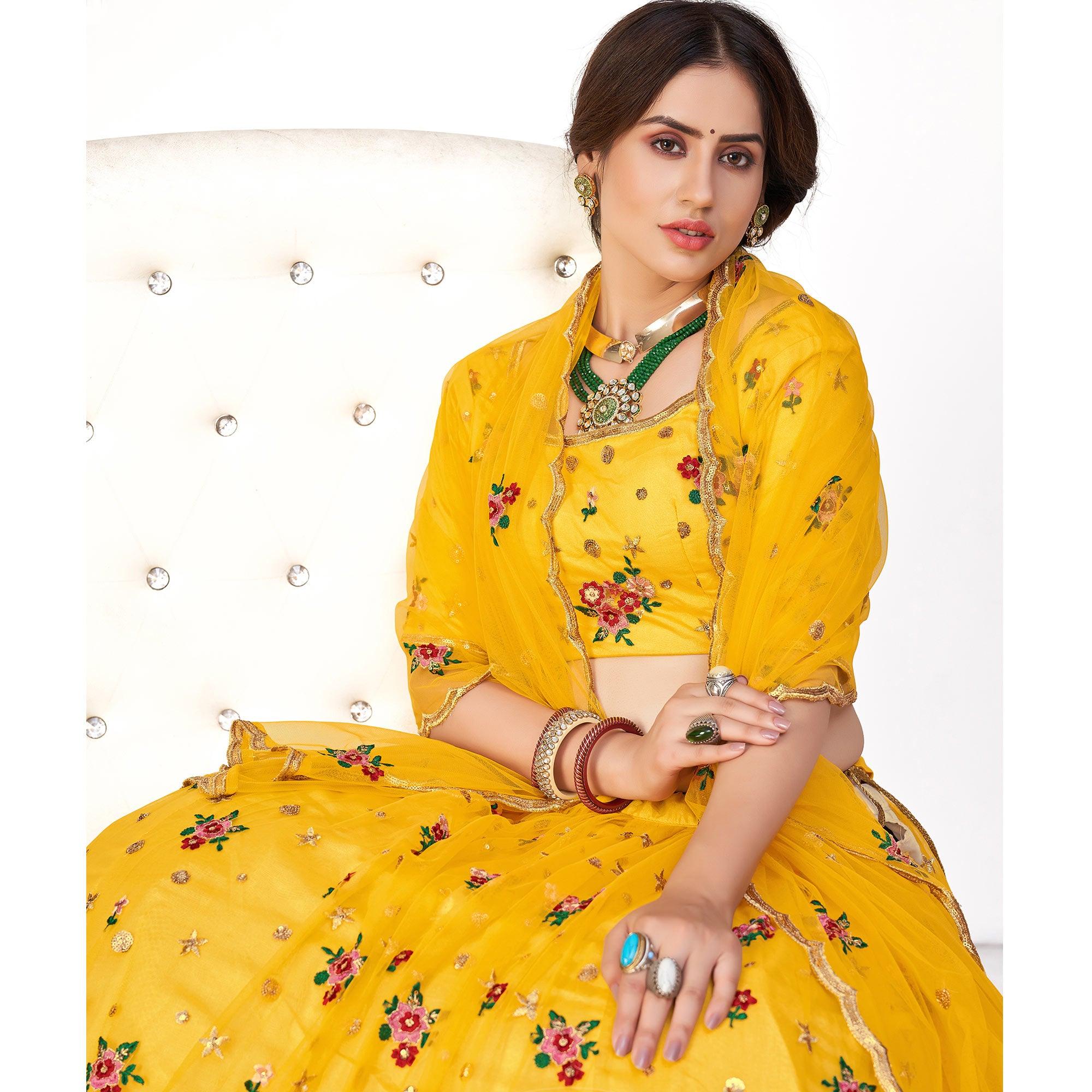 Yellow Festive Wear Thread With Floral Sequence Embroidered Net Lehenga Choli - Peachmode