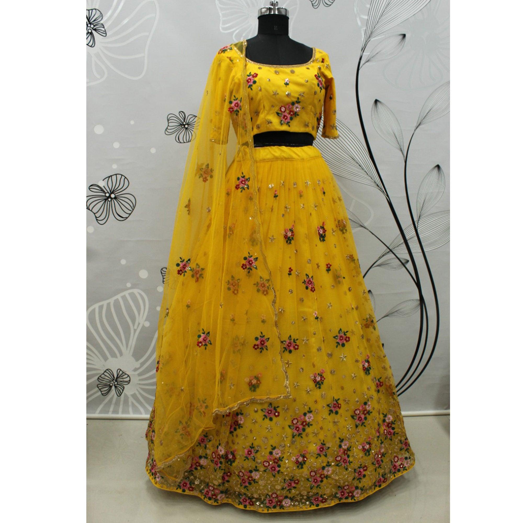 Yellow Festive Wear Thread With Floral Sequence Embroidered Net Lehenga Choli - Peachmode