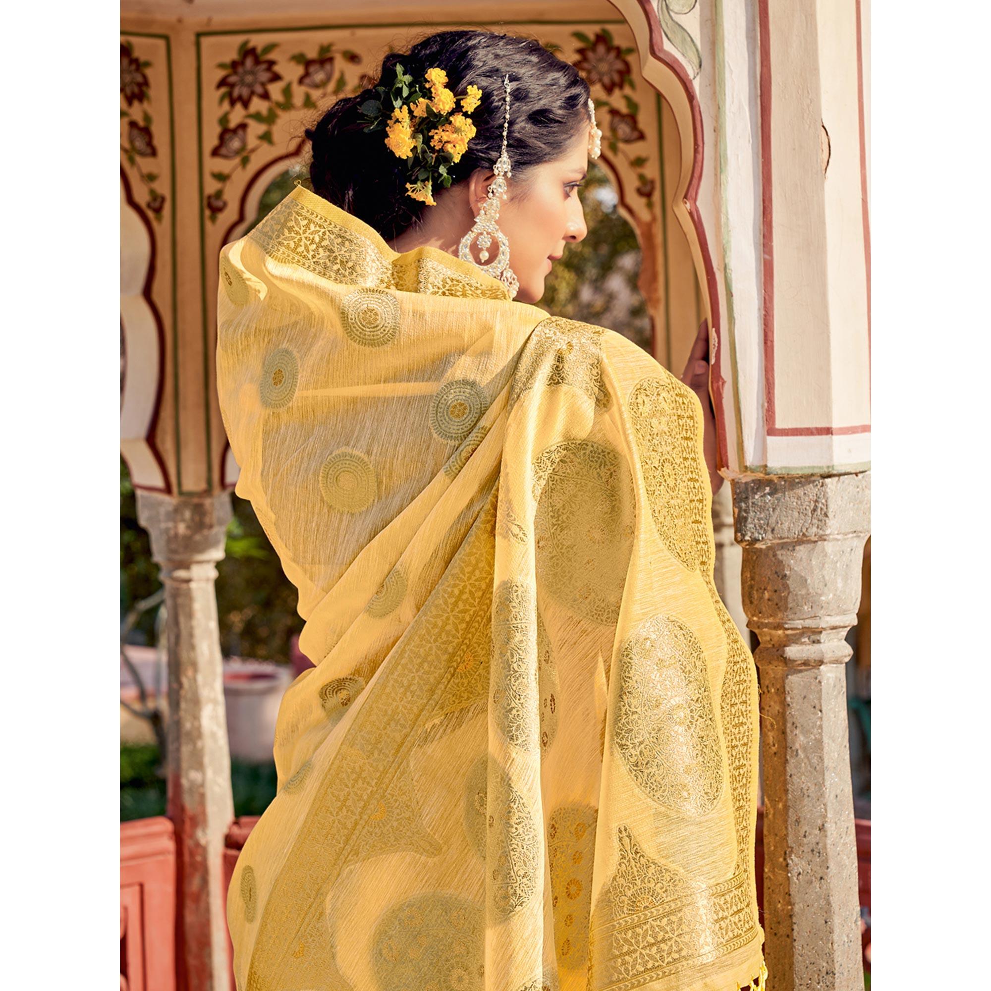 Yellow Festive Wear Weaving Work Linen Saree With Tassels - Peachmode