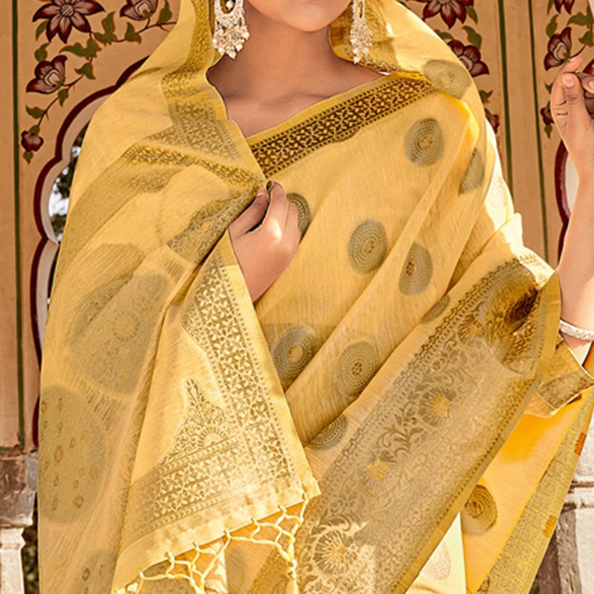 Yellow Festive Wear Weaving Work Linen Saree With Tassels - Peachmode