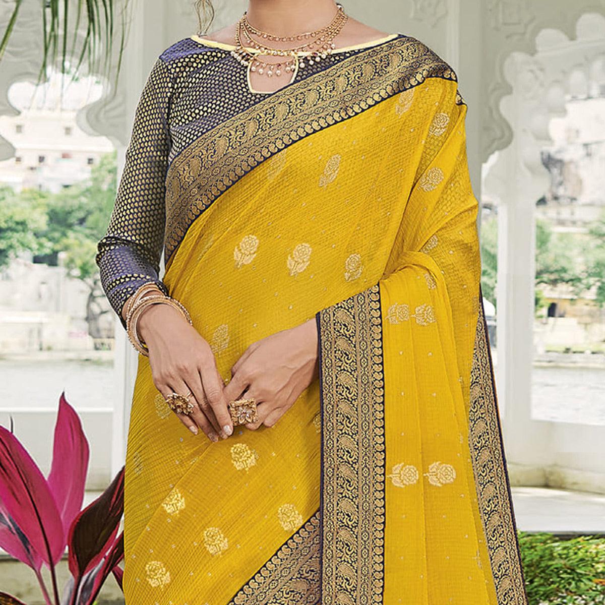 Yellow Festive Wear Woven & Embelllished Chiffon Saree - Peachmode