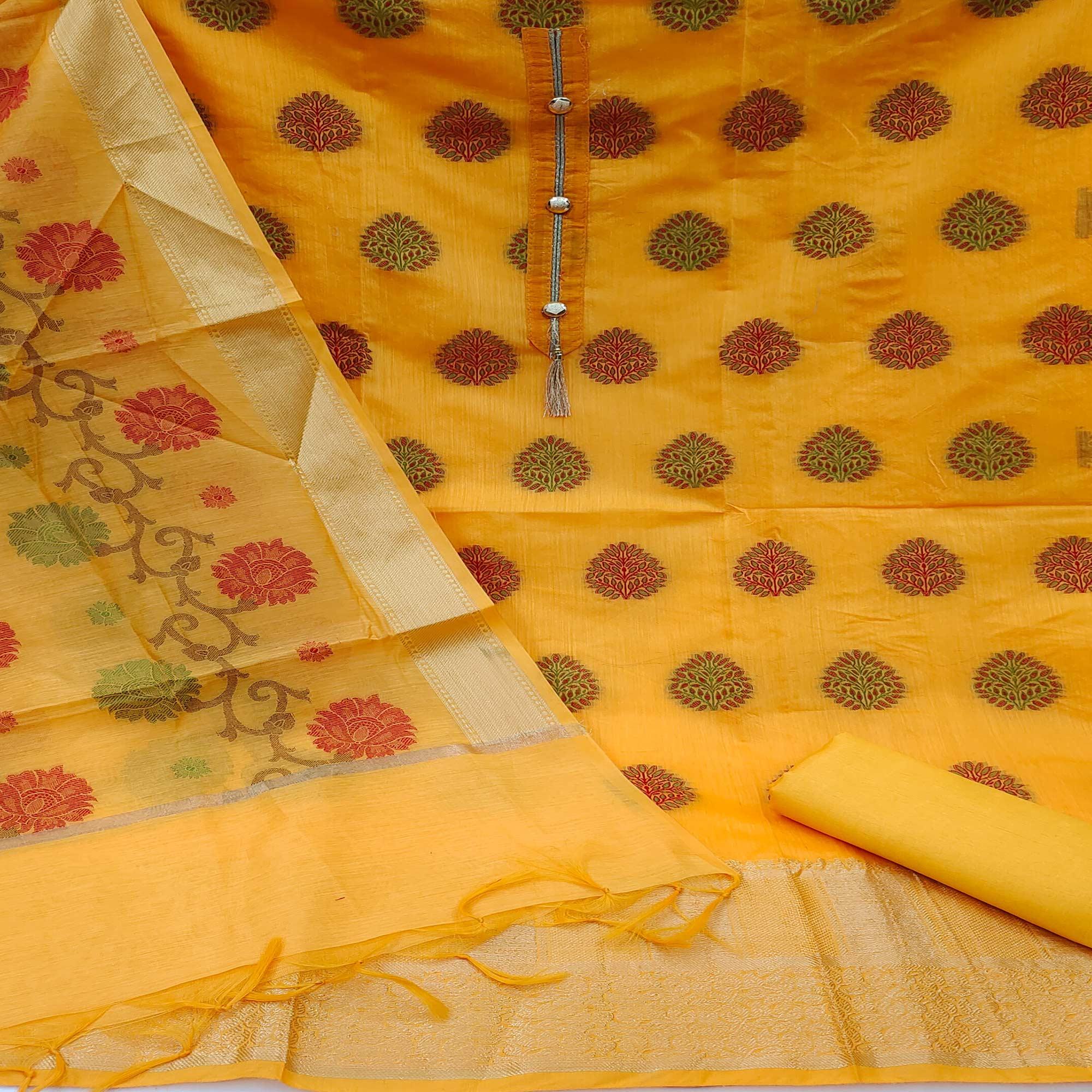 Yellow Festive Wear Woven Banarasi Jacquard Dress Material - Peachmode