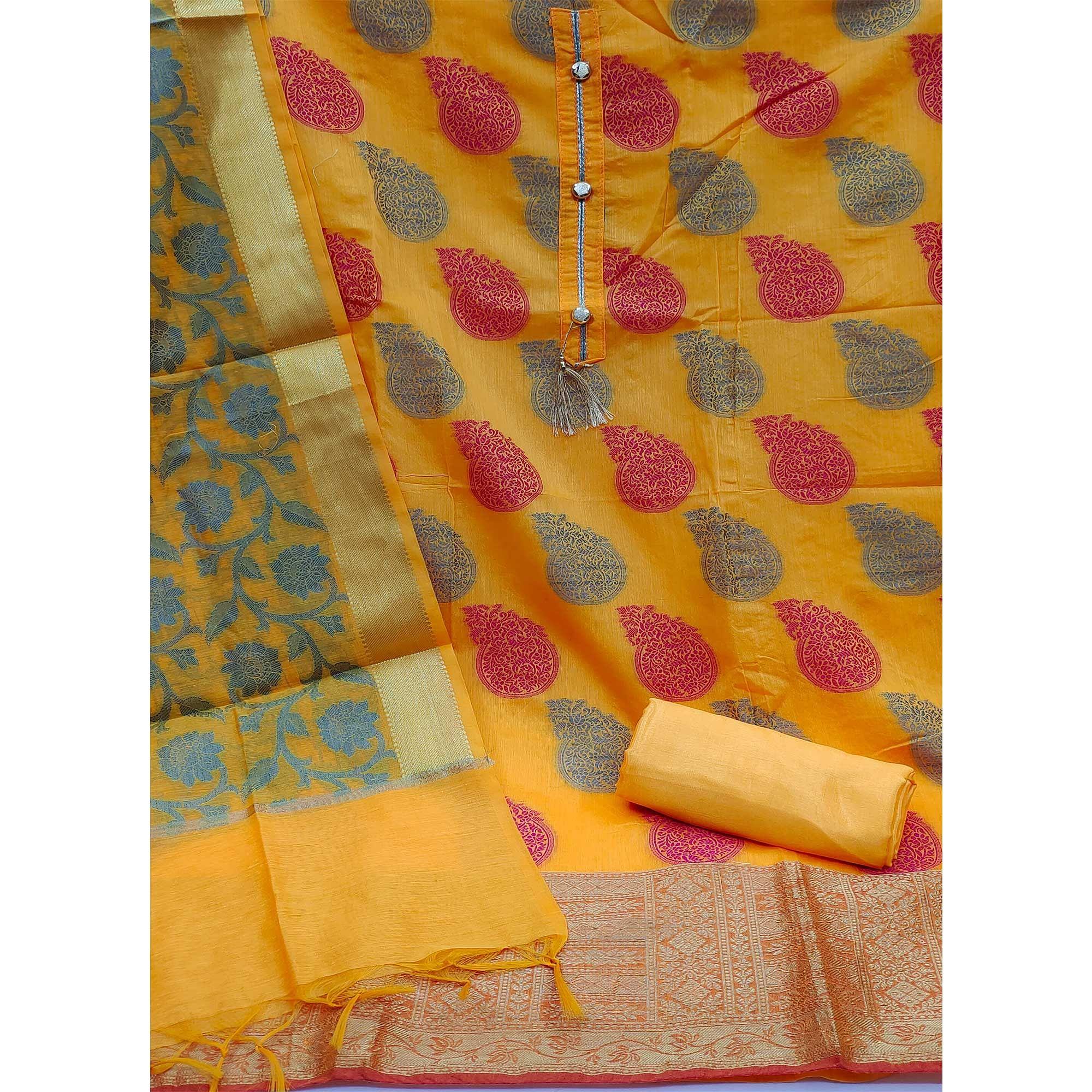 Yellow Festive Wear Woven Banarasi Jacquard Dress Material - Peachmode