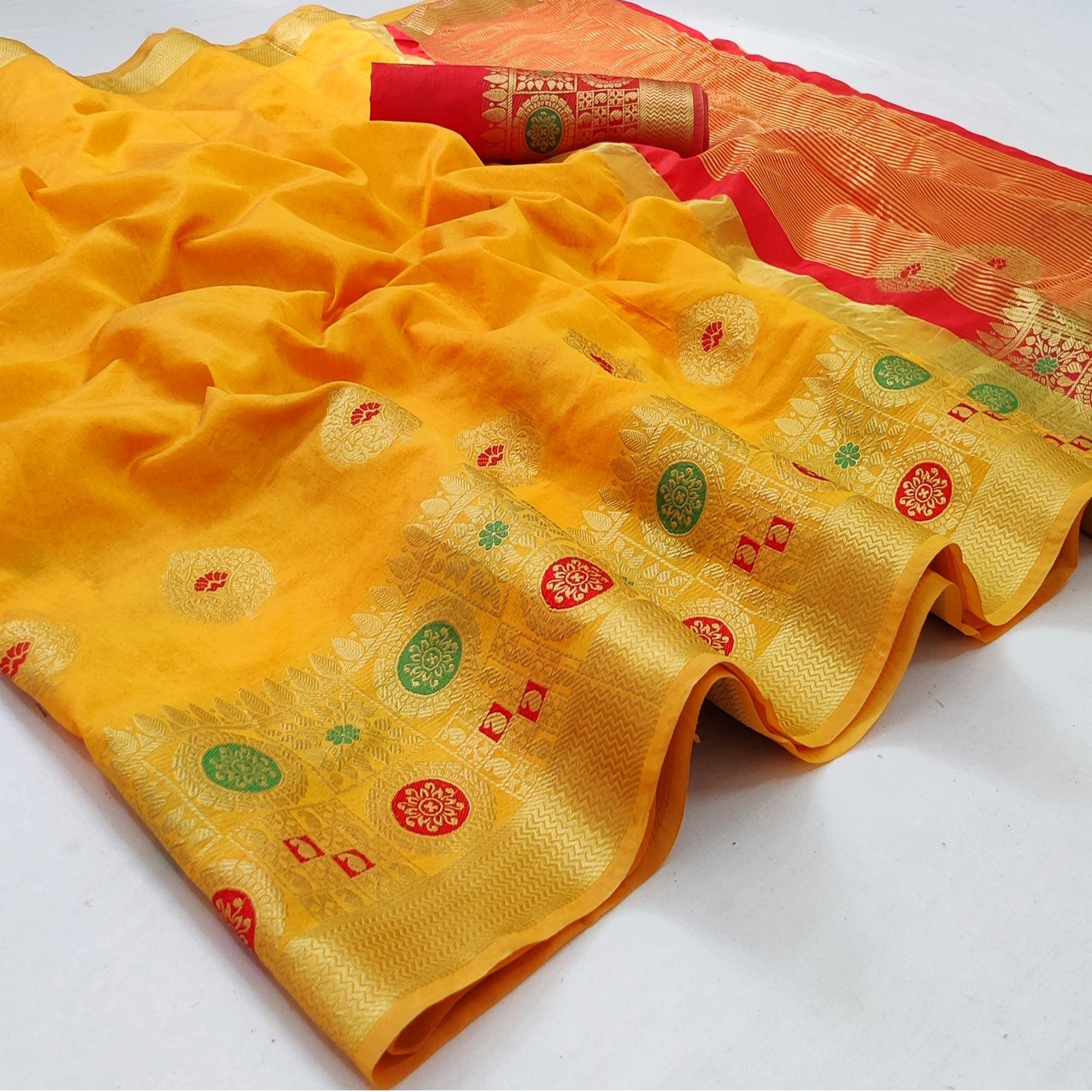 Yellow Festive Wear Woven Banarasi Saree With Butta And Jacquard Border - Peachmode