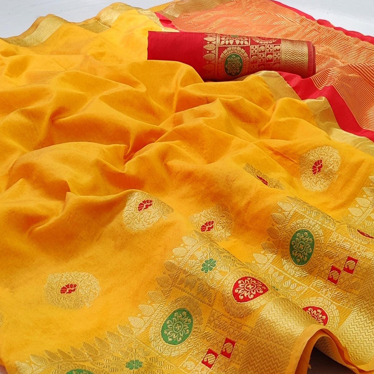 Yellow Festive Wear Woven Banarasi Saree With Butta And Jacquard Border - Peachmode