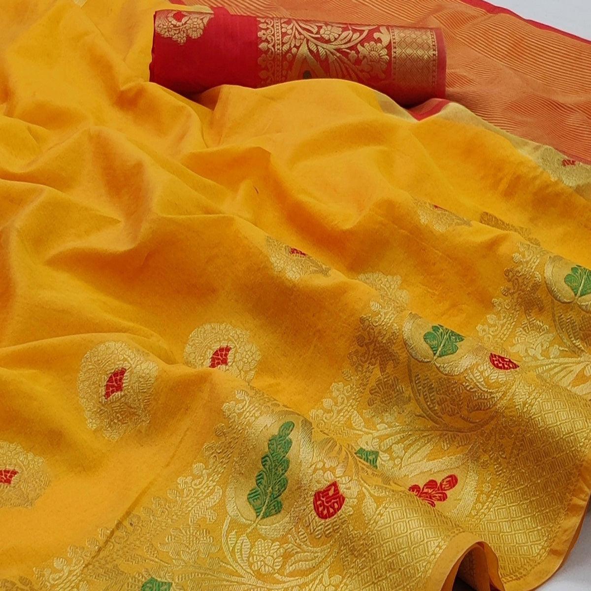 Yellow Festive Wear Woven Banarasi Saree With Butta And Jacquard Border - Peachmode