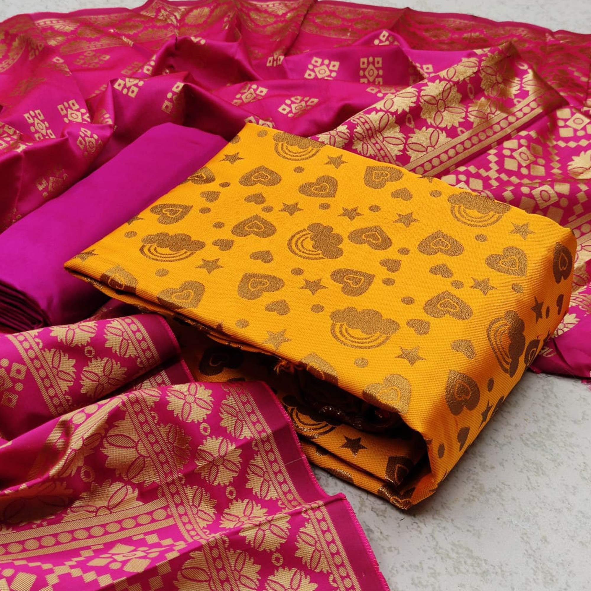 Yellow Festive Wear Woven Banarasi Silk Dress Material - Peachmode