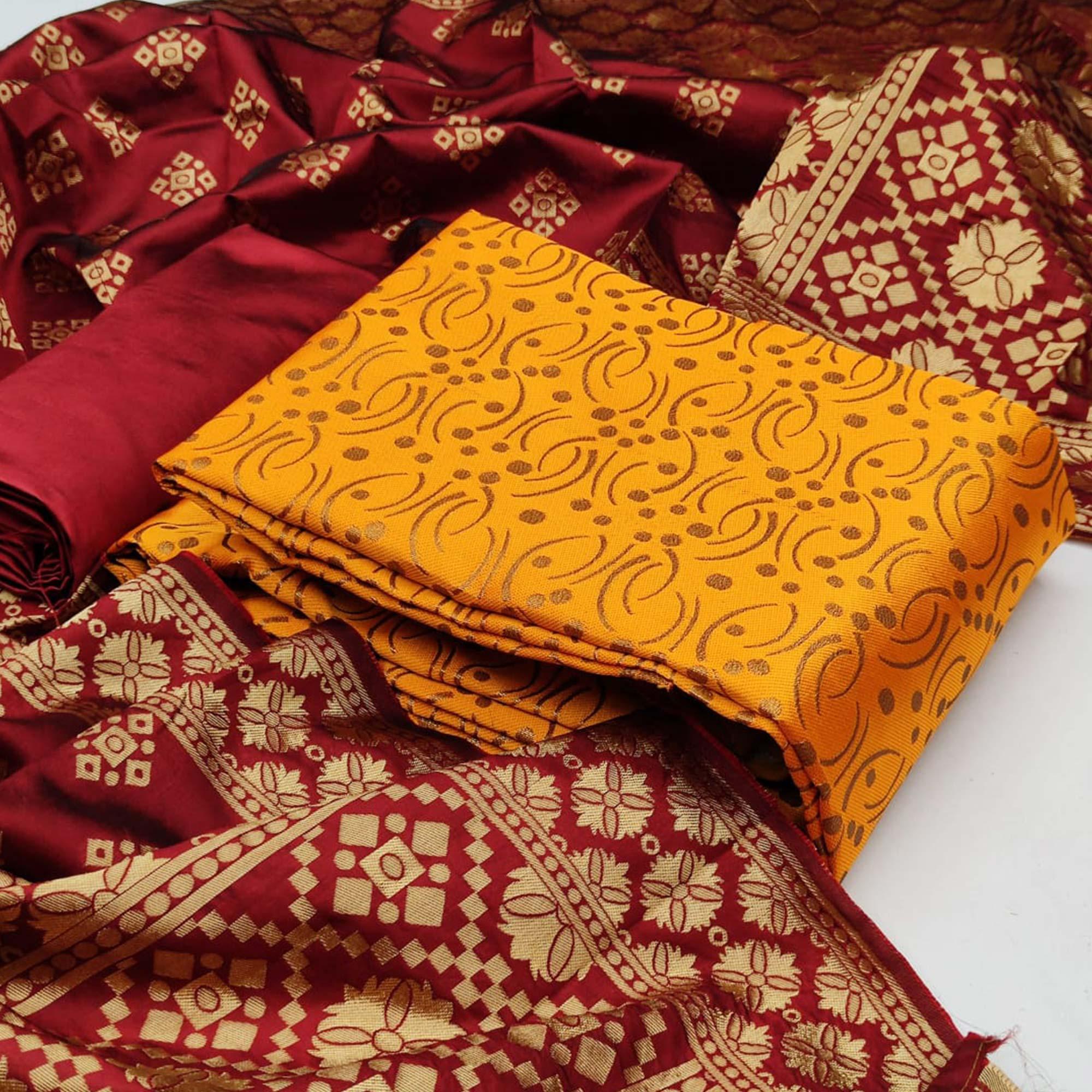 Yellow Festive Wear Woven Banarasi Silk Dress Material - Peachmode