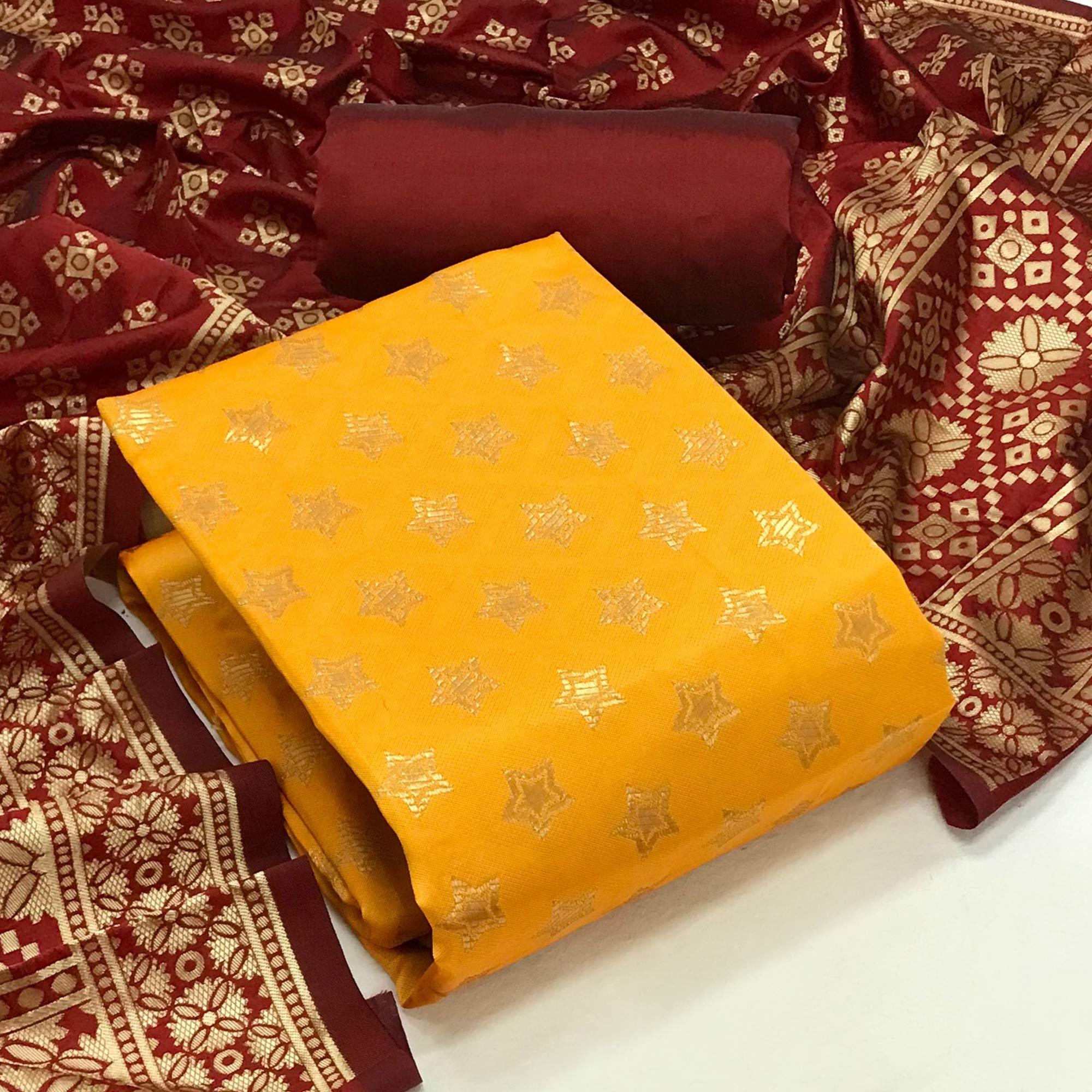 Yellow Festive Wear Woven Banarasi Silk Dress Material - Peachmode