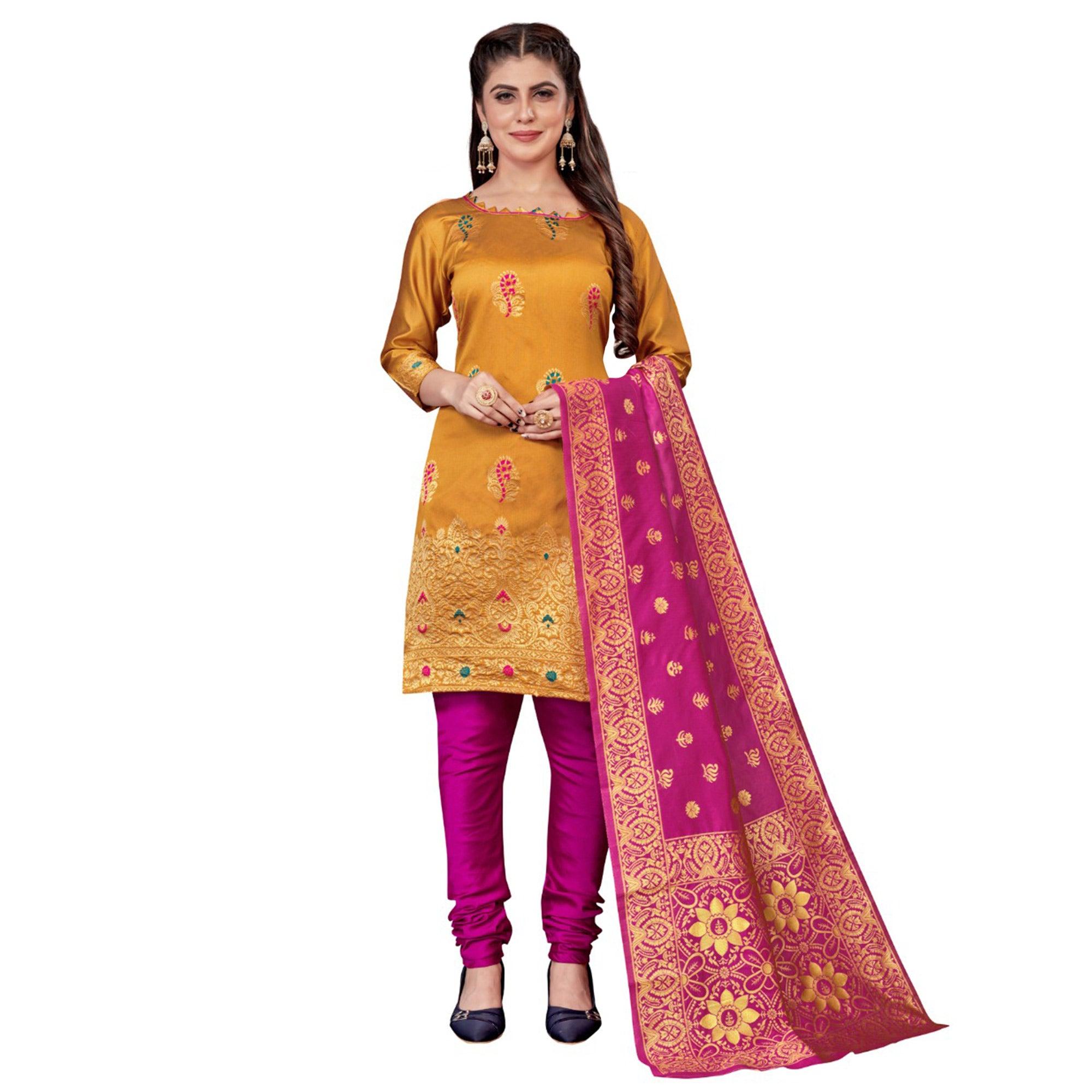 Yellow Festive Wear Woven Banarasi Silk Dress Material - Peachmode