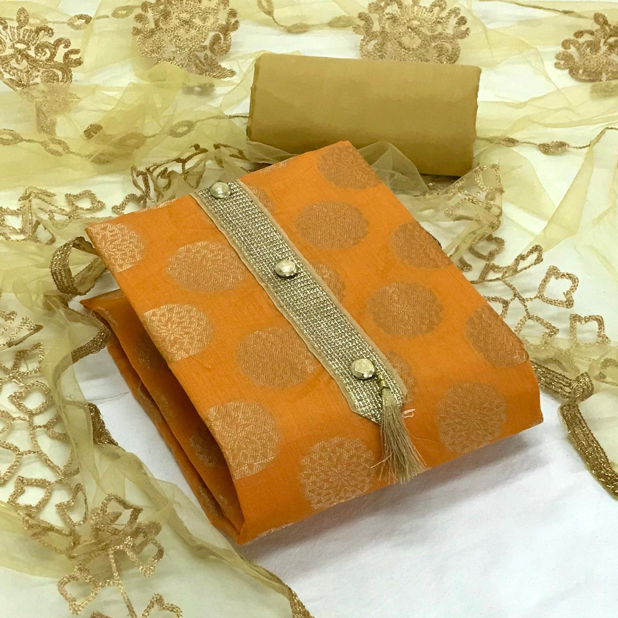 Yellow Festive Wear Woven Banarasi Silk Dress Material - Peachmode