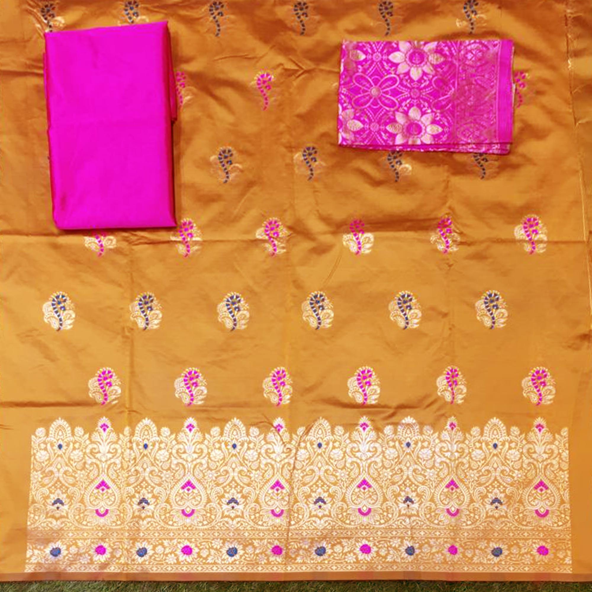 Yellow Festive Wear Woven Banarasi Silk Dress Material - Peachmode