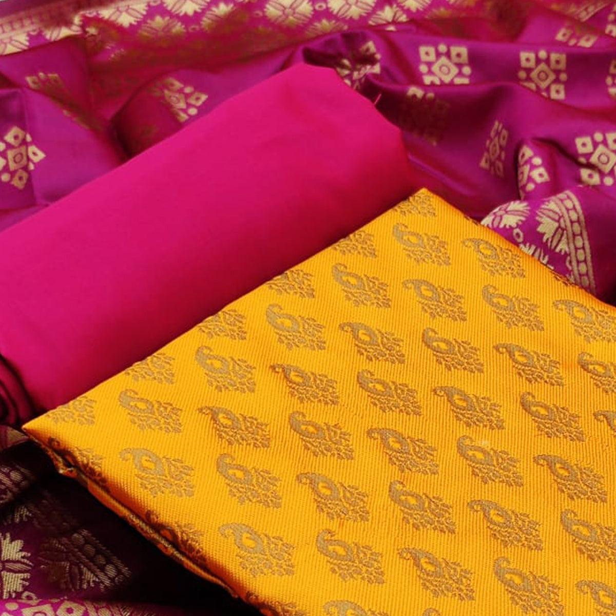 Yellow Festive Wear Woven Banarasi Silk Dress Material - Peachmode