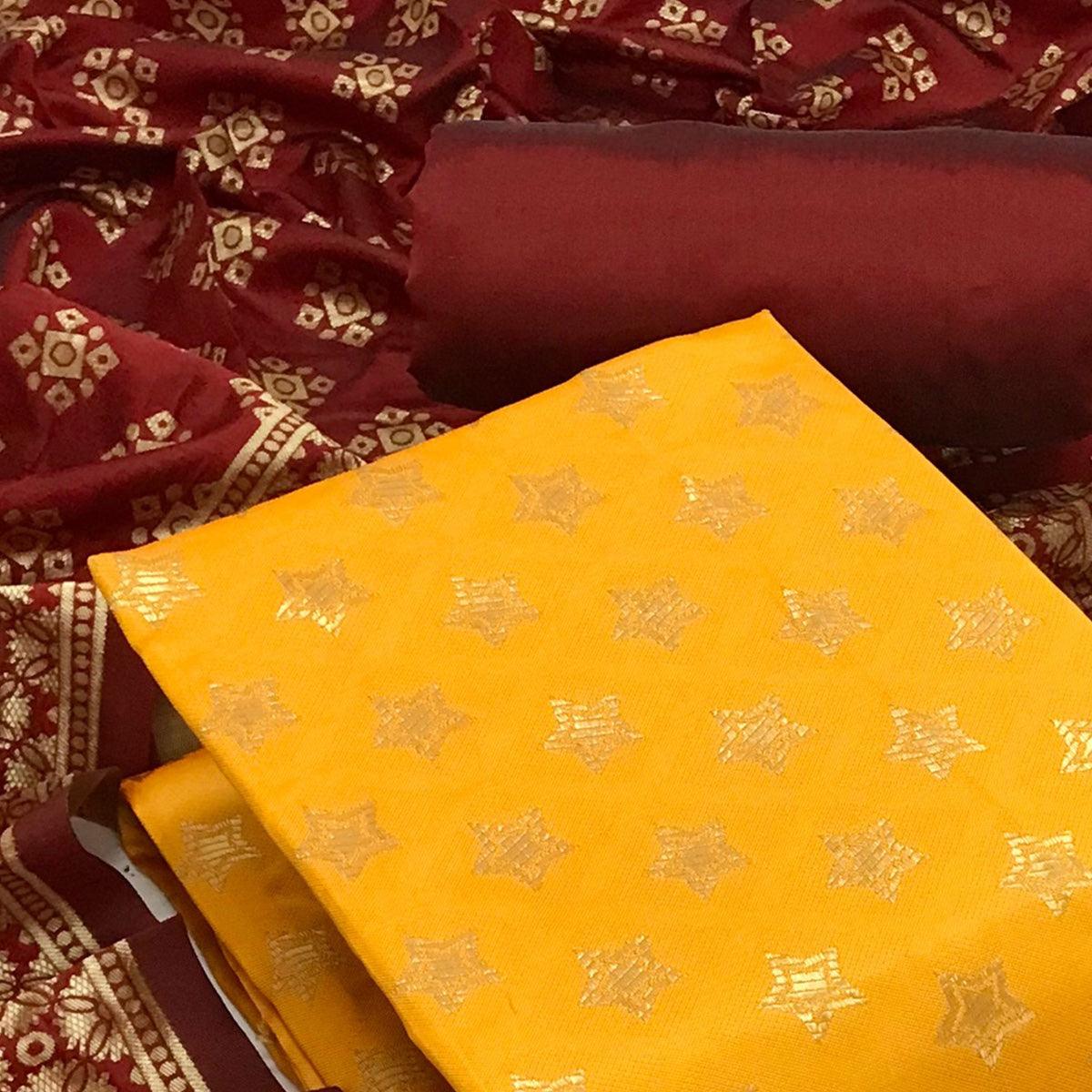 Yellow Festive Wear Woven Banarasi Silk Dress Material - Peachmode