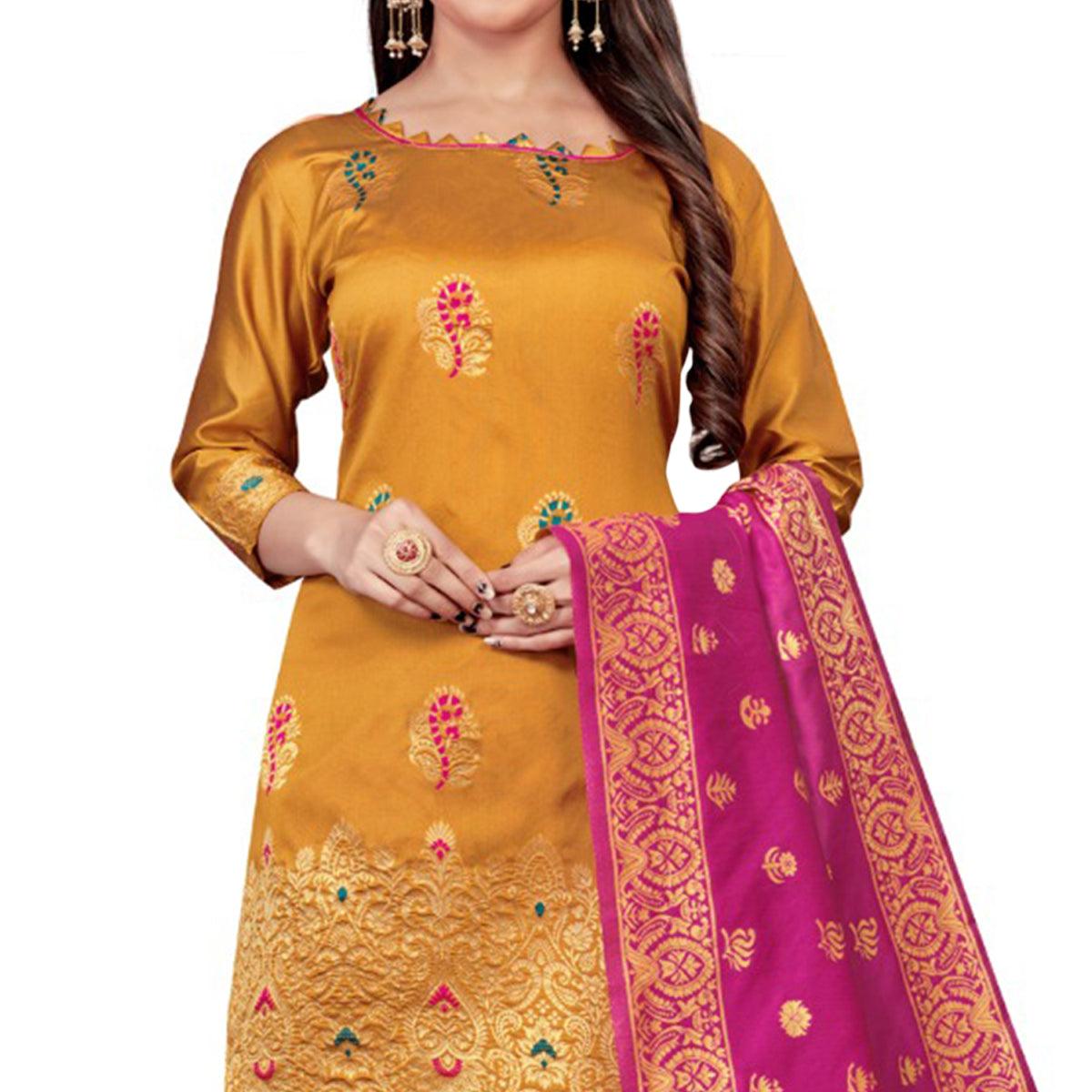 Yellow Festive Wear Woven Banarasi Silk Dress Material - Peachmode