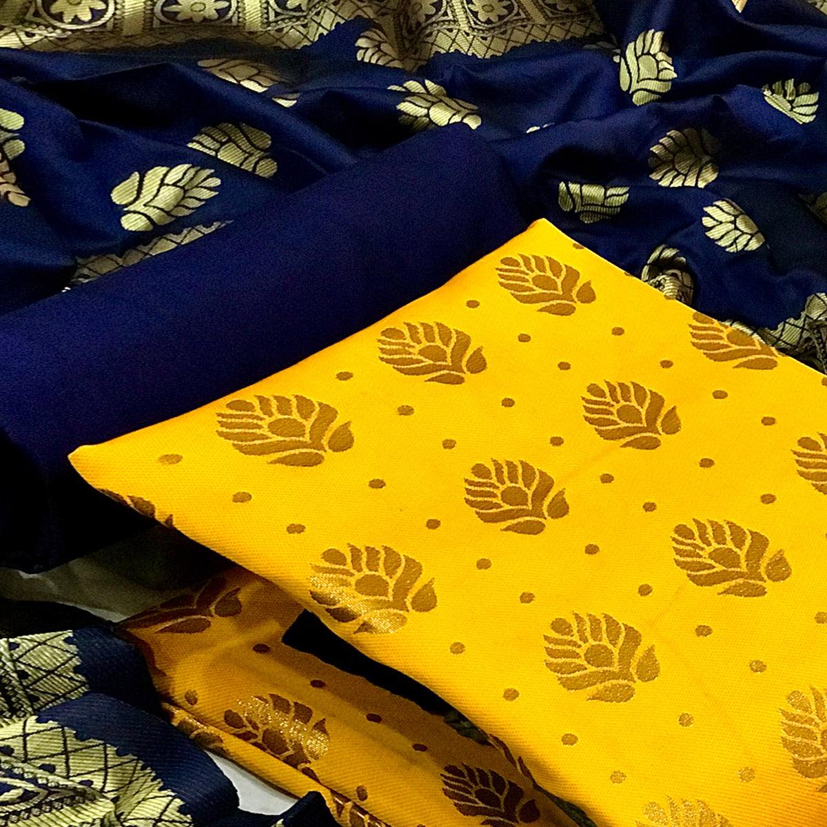 Yellow Festive Wear Woven Banarasi Silk Dress Material - Peachmode