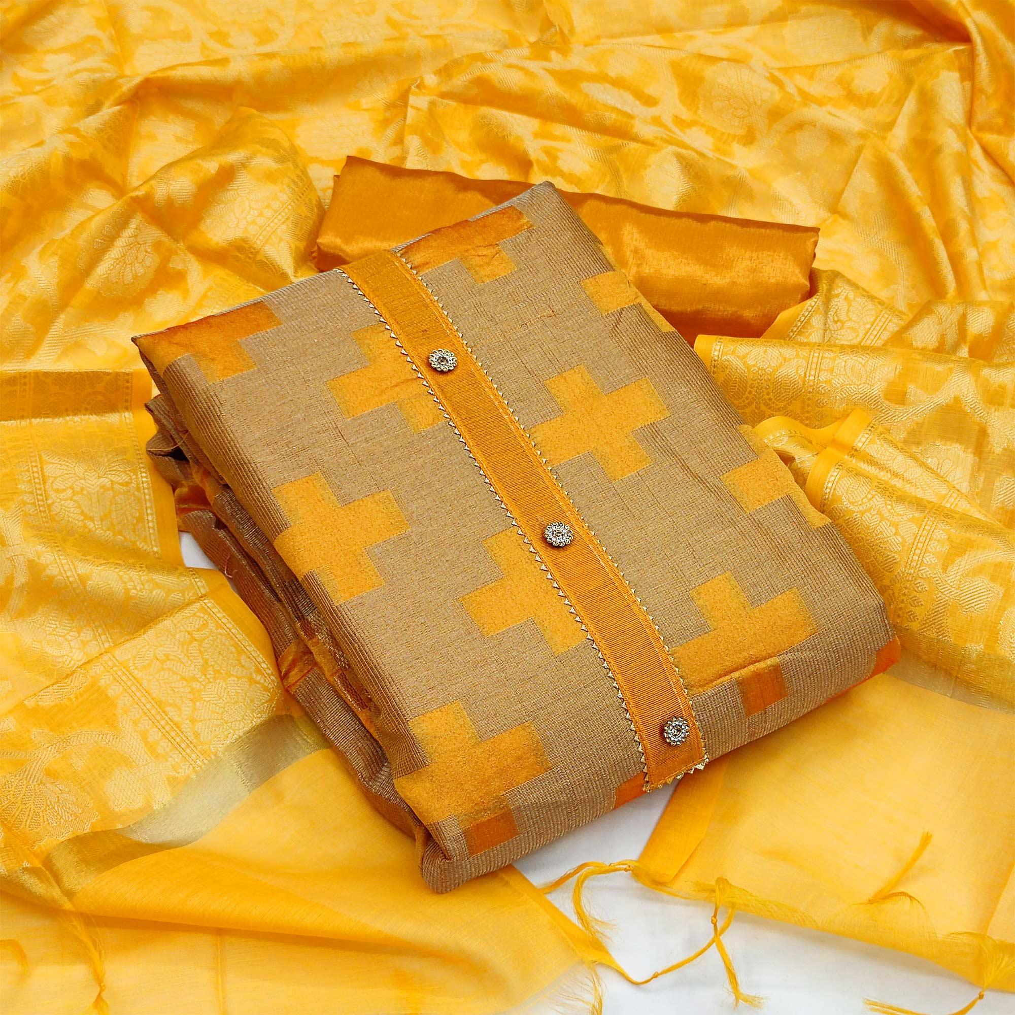 Yellow Festive Wear Woven Banarasi Silk Jacquard Dress Material - Peachmode