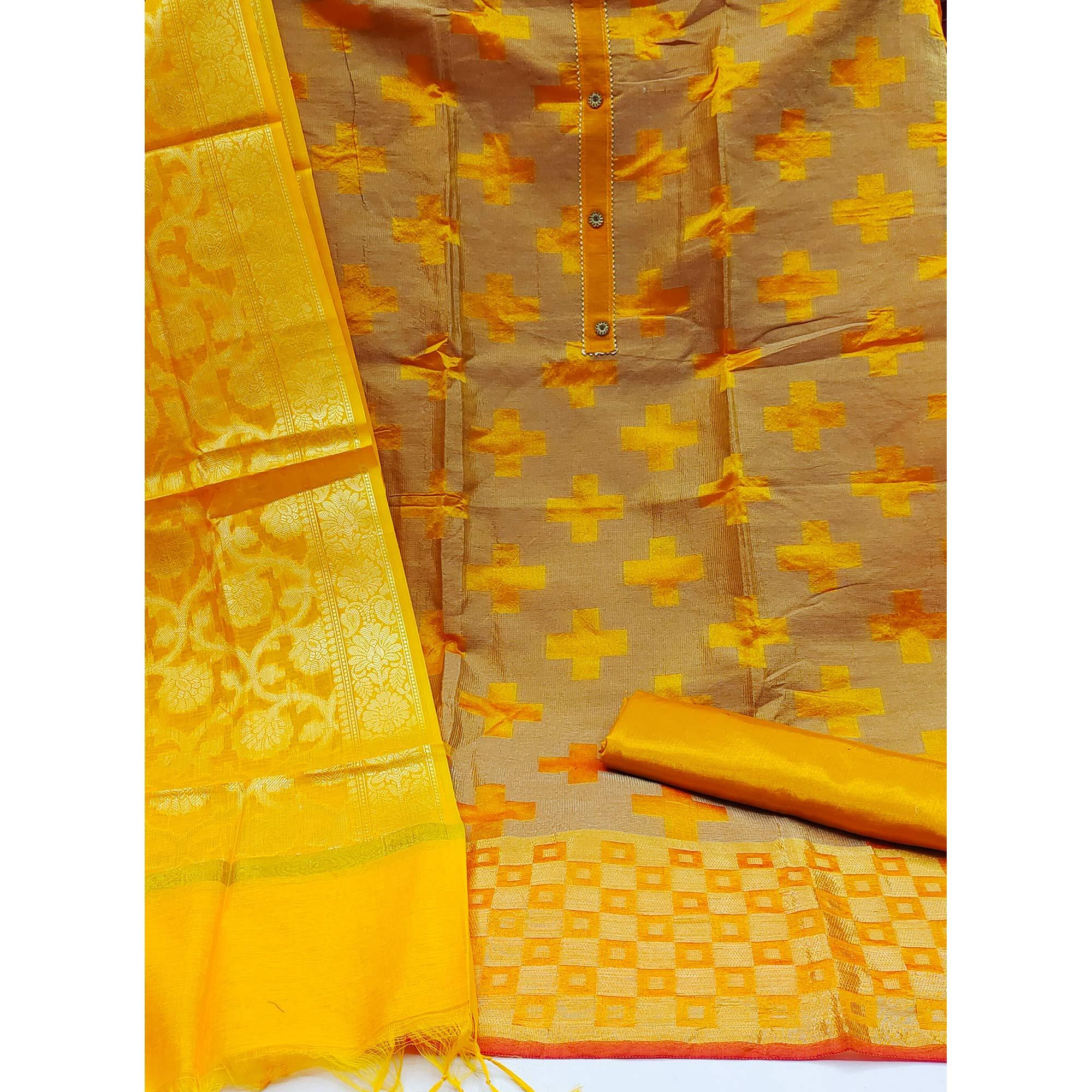 Yellow Festive Wear Woven Banarasi Silk Jacquard Dress Material - Peachmode