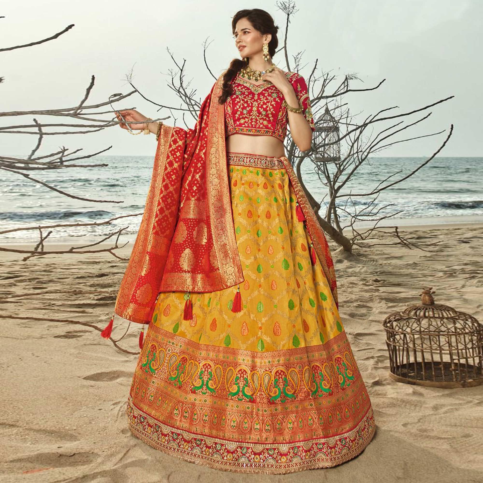 Yellow Festive Wear Woven Banarasi Silk Lehenga - Peachmode