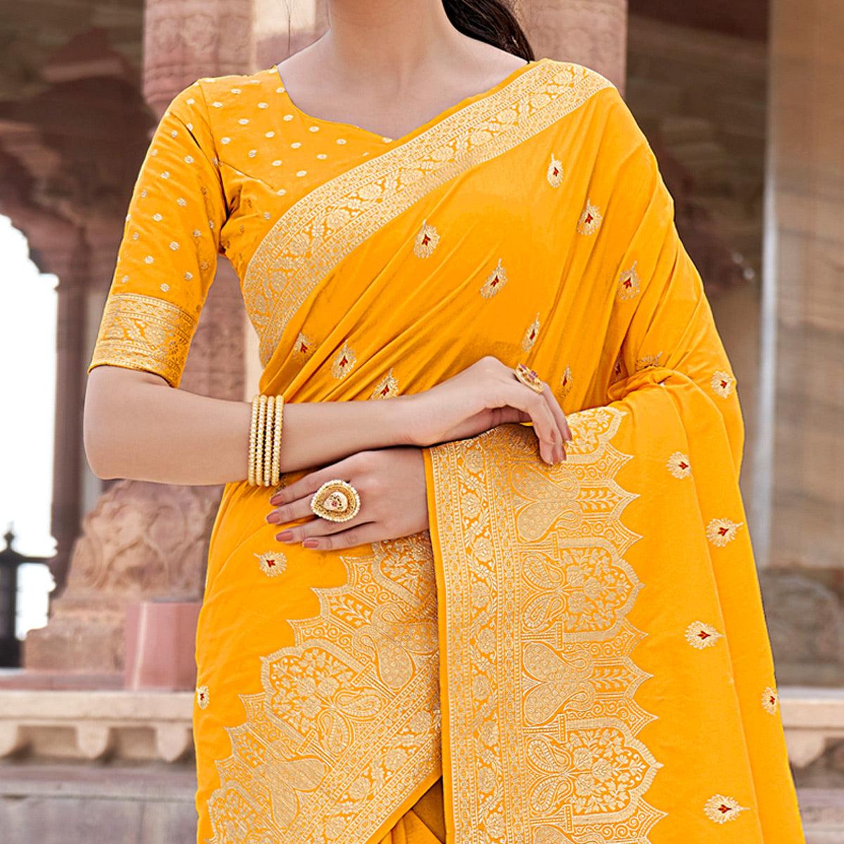 Yellow Festive Wear Woven Banarasi Silk Saree - Peachmode