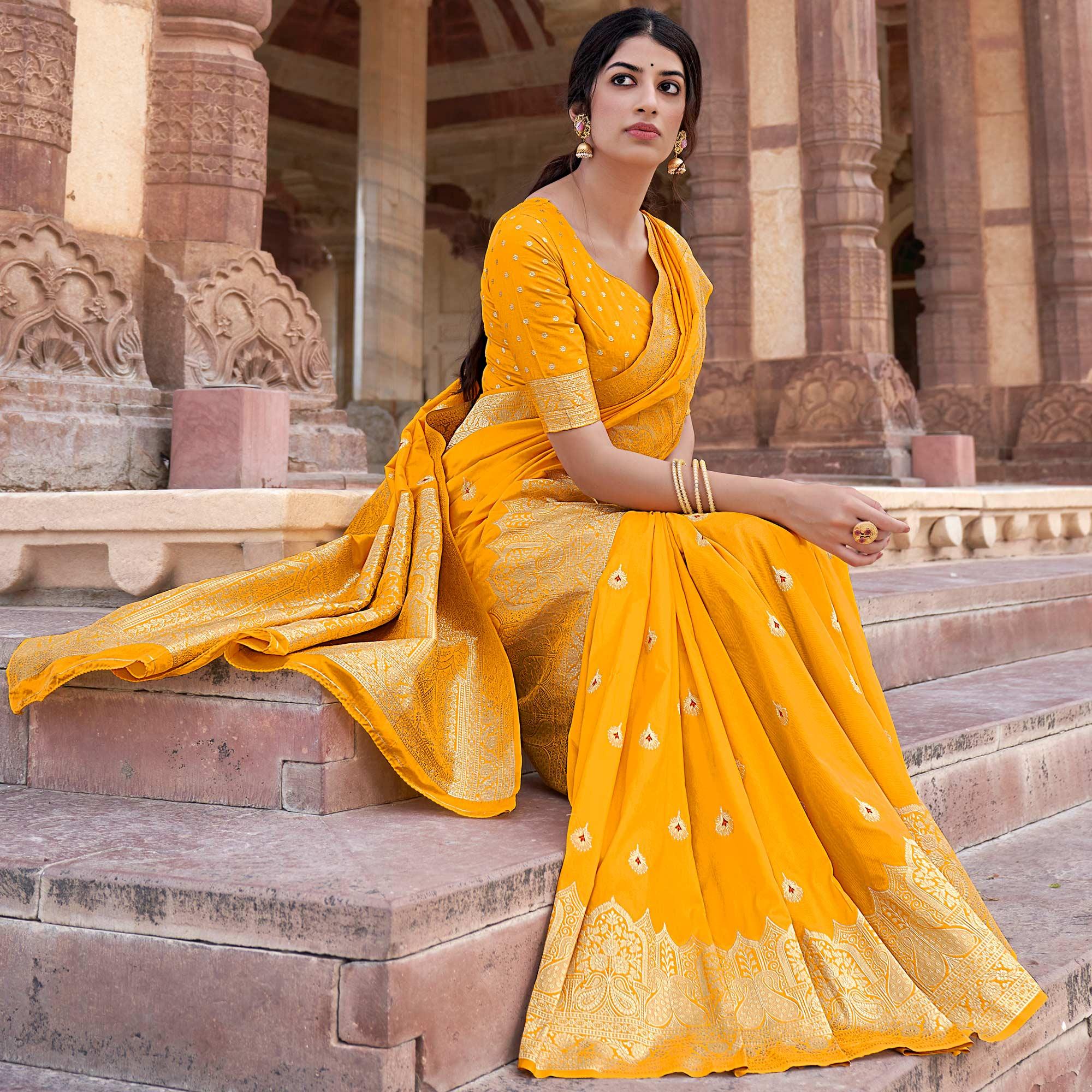 Yellow Festive Wear Woven Banarasi Silk Saree - Peachmode
