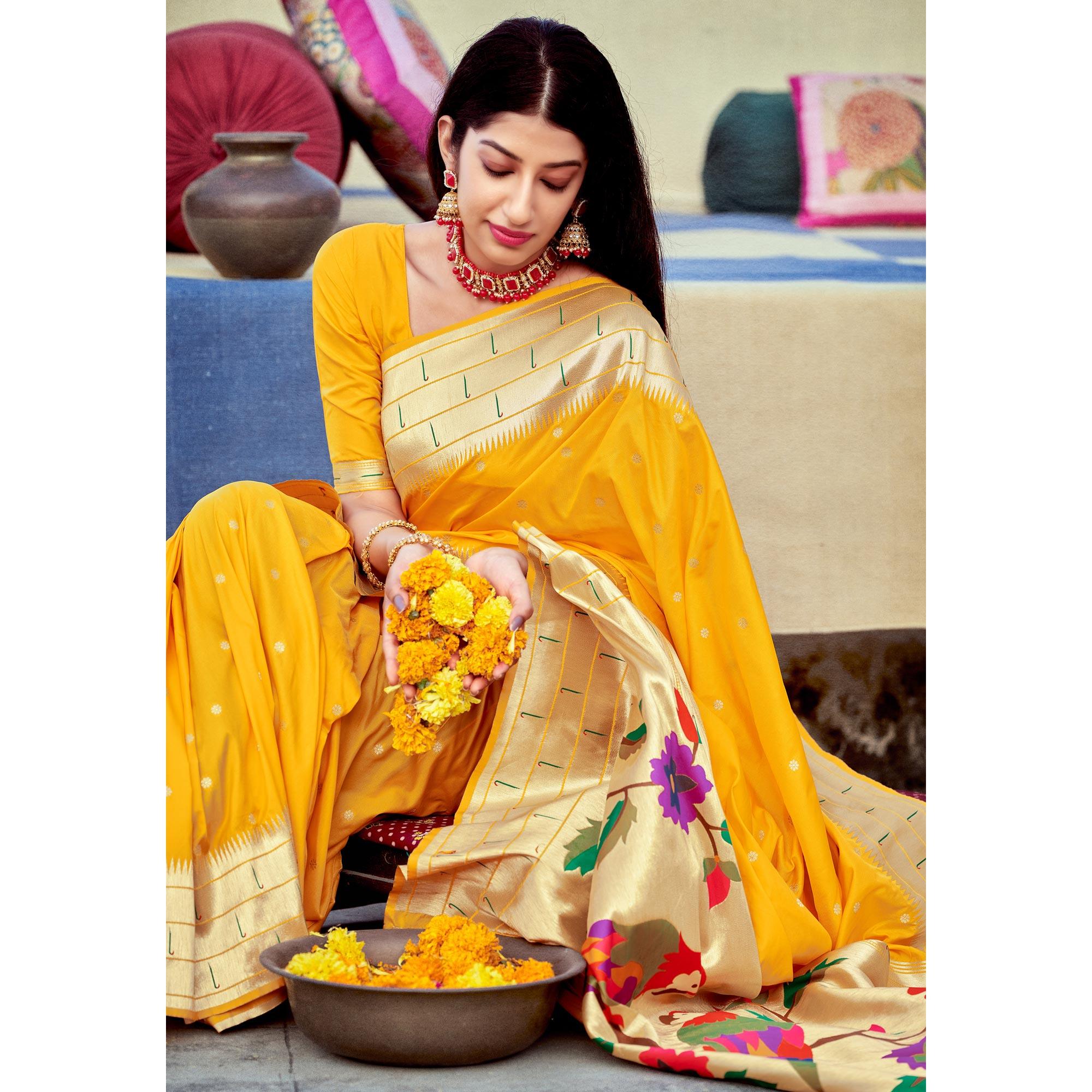 Yellow Festive Wear Woven Banarasi Silk Saree - Peachmode