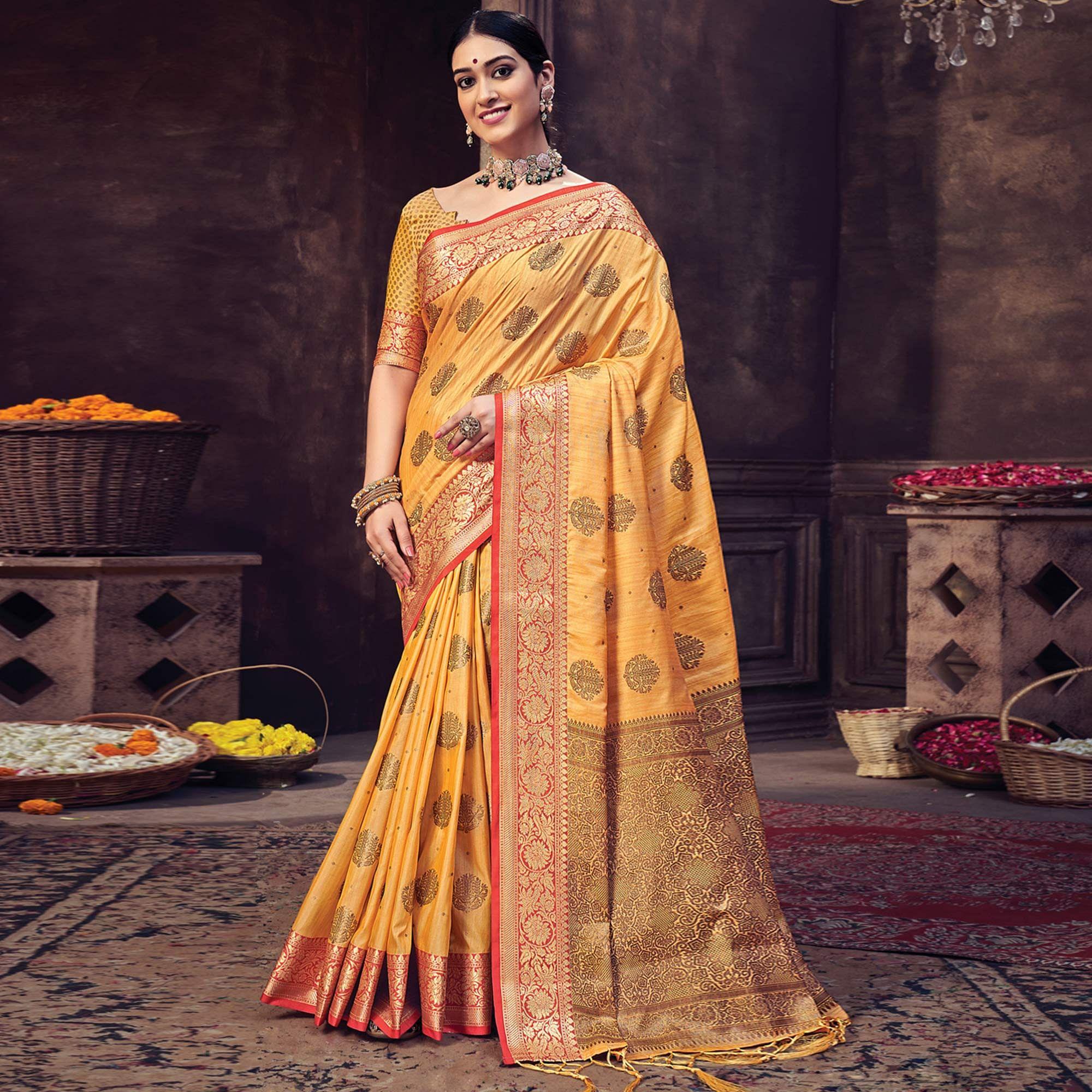 Yellow Festive Wear Woven Banarasi Silk Saree With Tassels - Peachmode