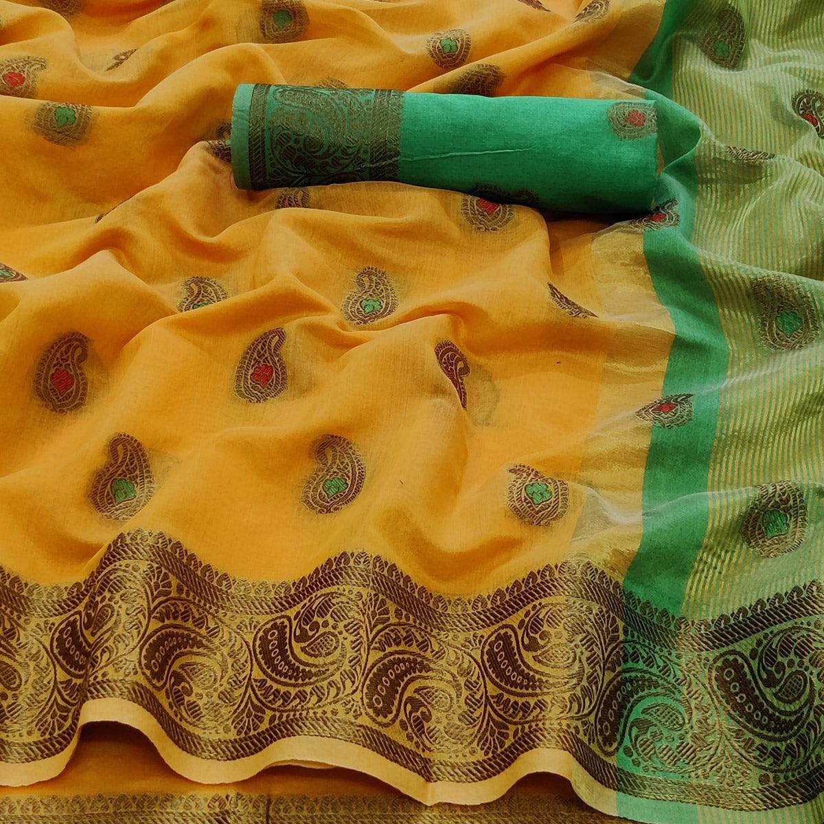 Yellow Festive Wear Woven Border With Butta Work Cotton Saree - Peachmode