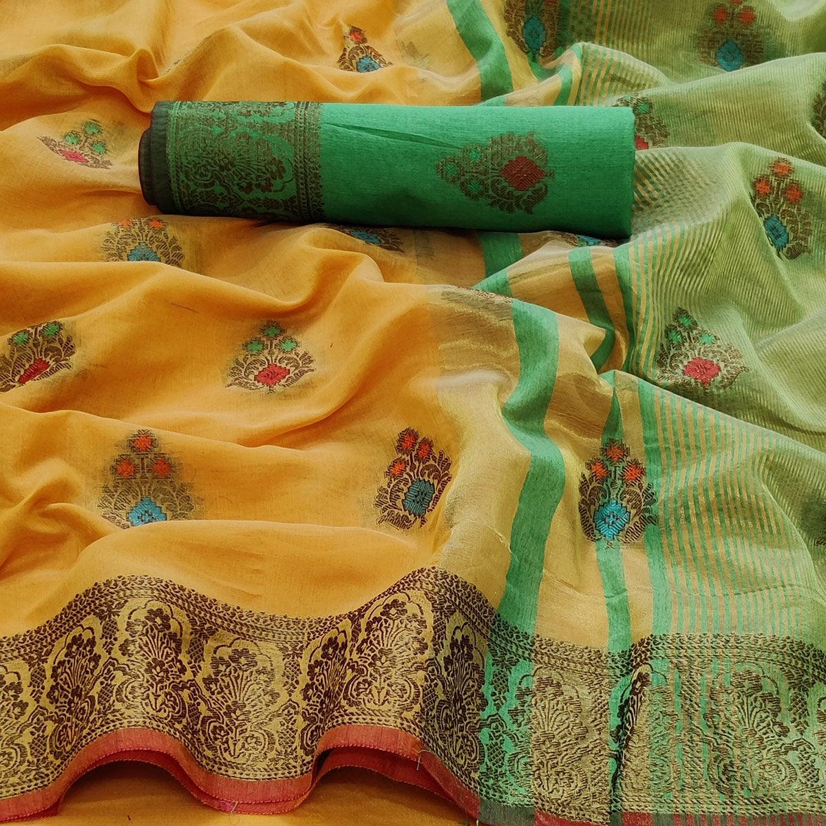 Yellow Festive Wear Woven Border With Butta Work Cotton Saree - Peachmode