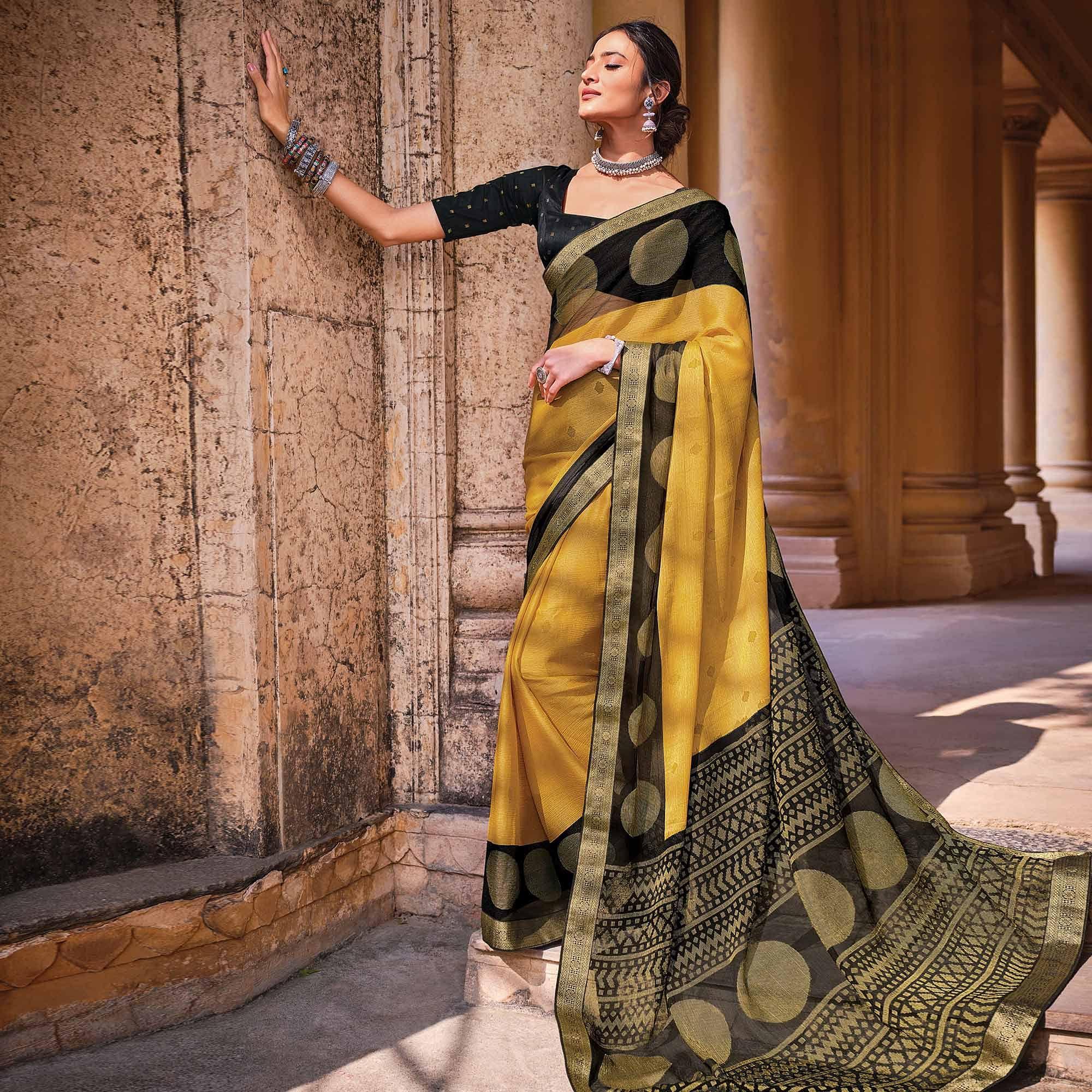 Yellow Festive Wear Woven Brasso Saree - Peachmode