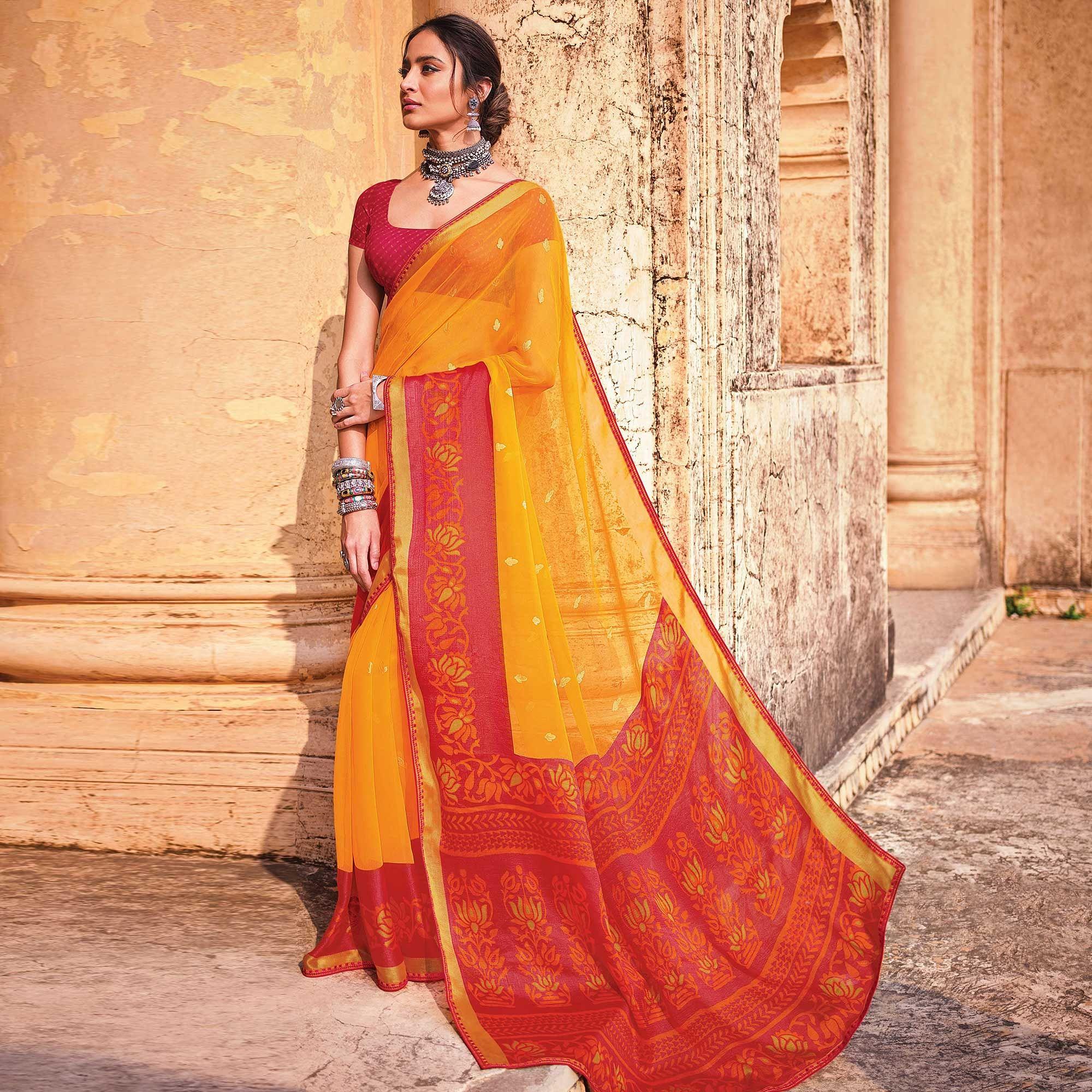 Yellow Festive Wear Woven Brasso Saree - Peachmode