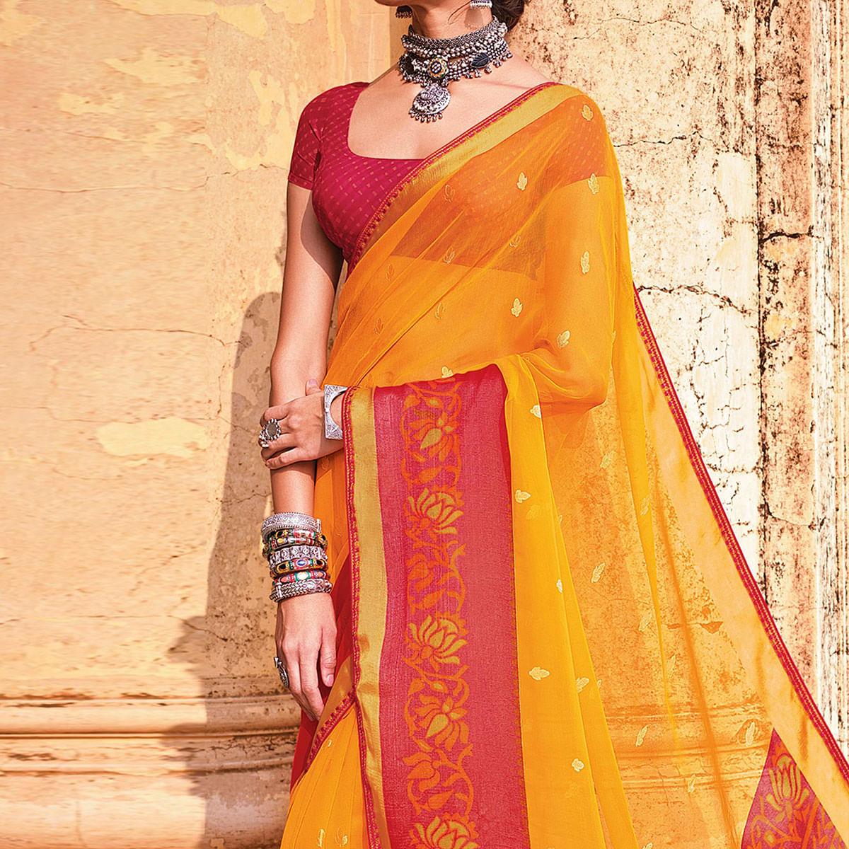 Yellow Festive Wear Woven Brasso Saree - Peachmode