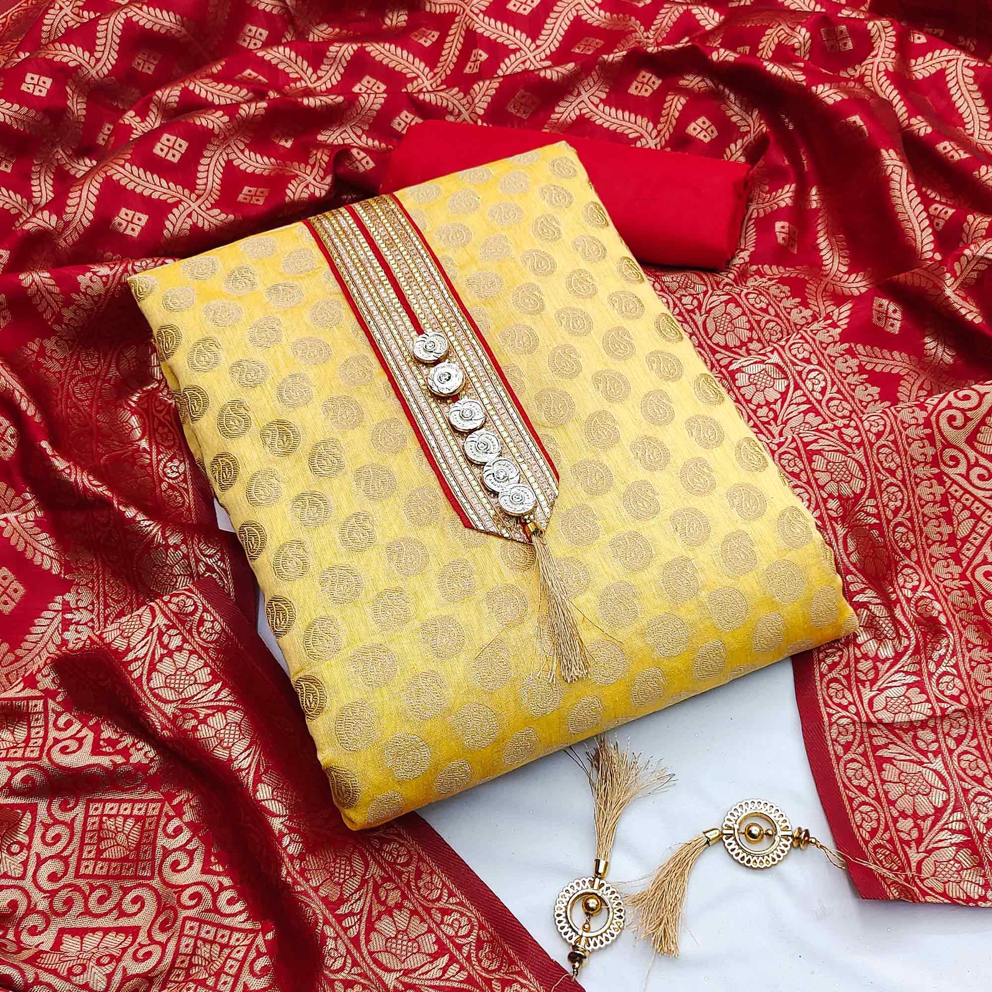 Yellow Festive Wear Woven Chanderi Dress Material - Peachmode