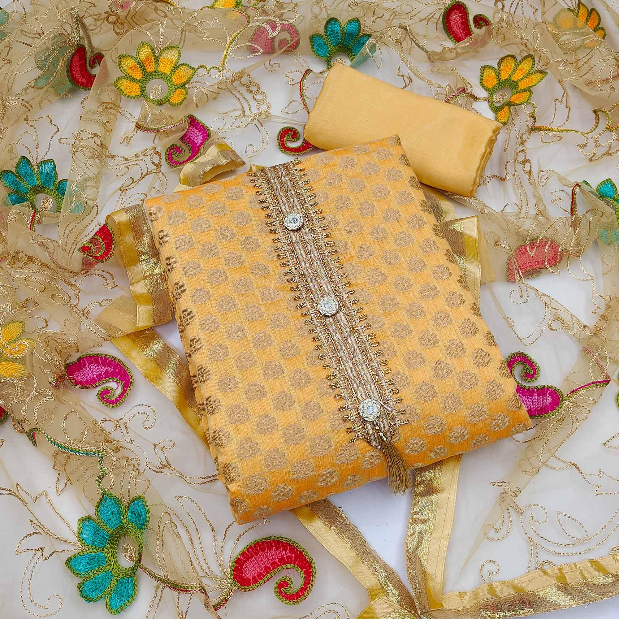 Yellow Festive Wear Woven Chanderi Dress Material - Peachmode