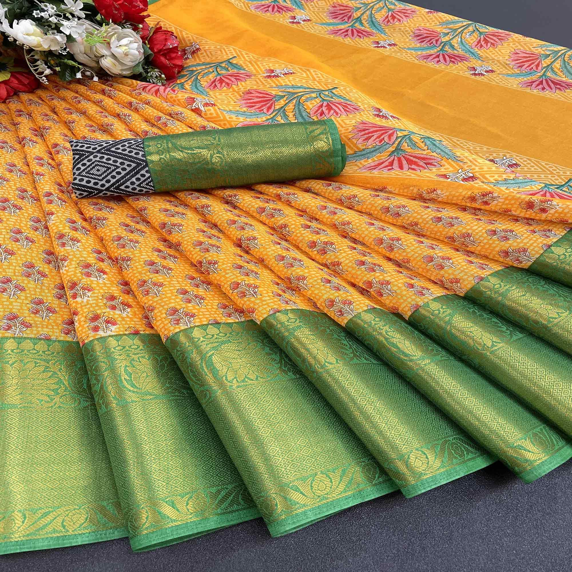 Yellow Festive Wear Woven Chanderi Silk Saree - Peachmode