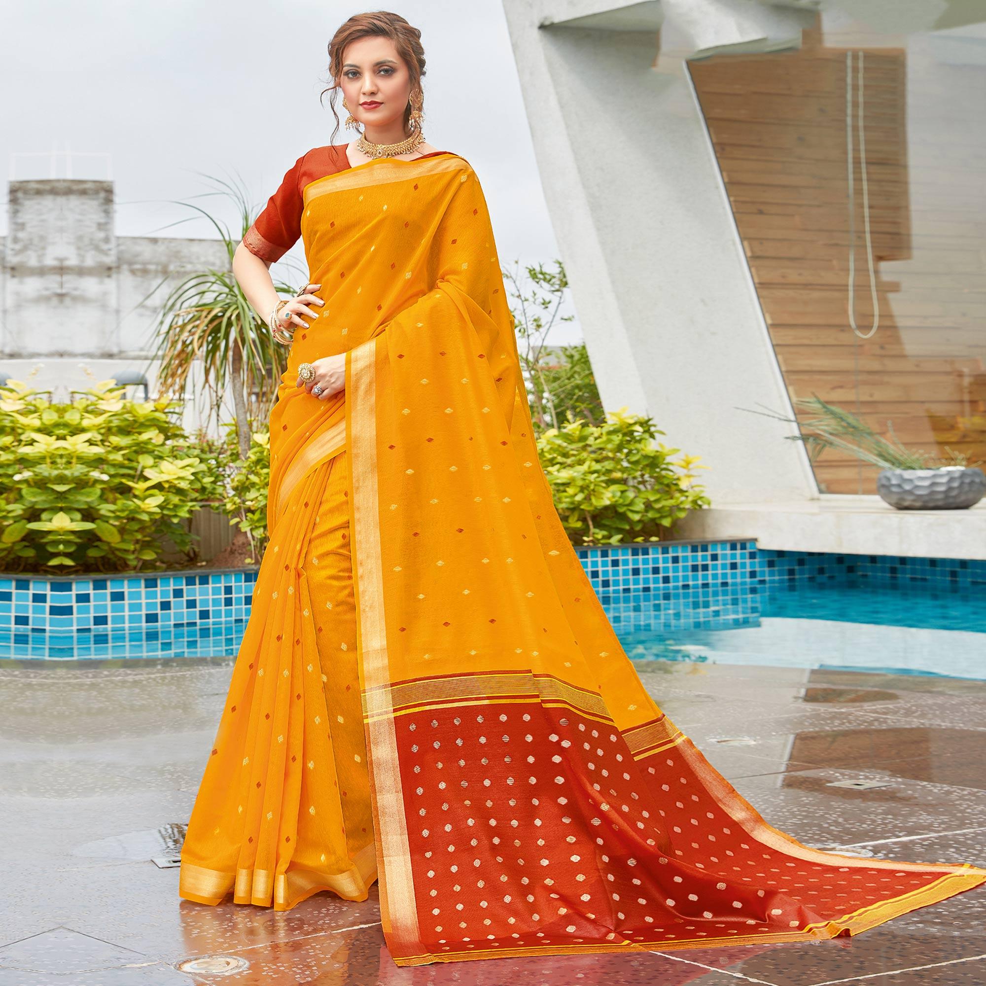 Yellow Festive Wear Woven Cotton Saree - Peachmode