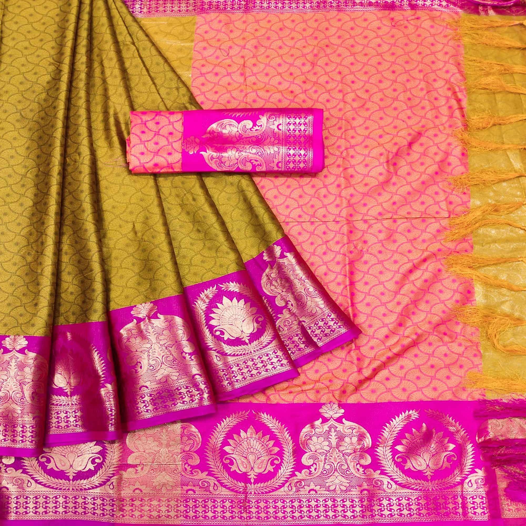 Yellow Festive Wear Woven Cotton Saree - Peachmode