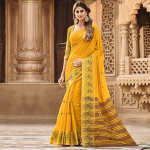 Yellow Festive Wear Woven Cotton Saree - Peachmode
