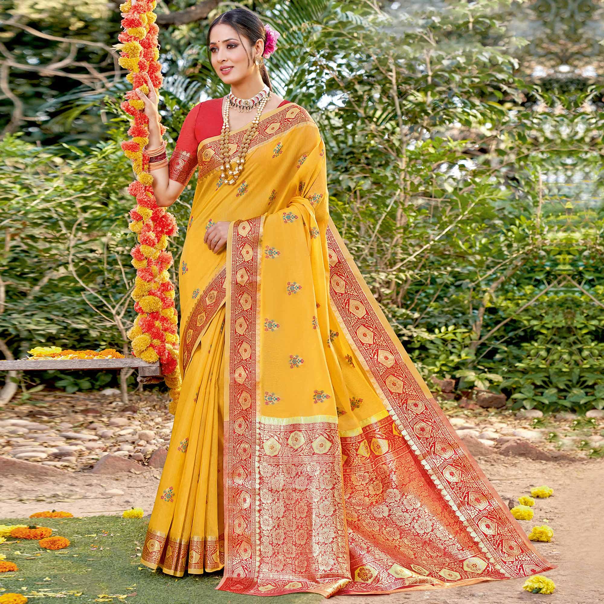 Yellow Festive Wear Woven Cotton Saree - Peachmode