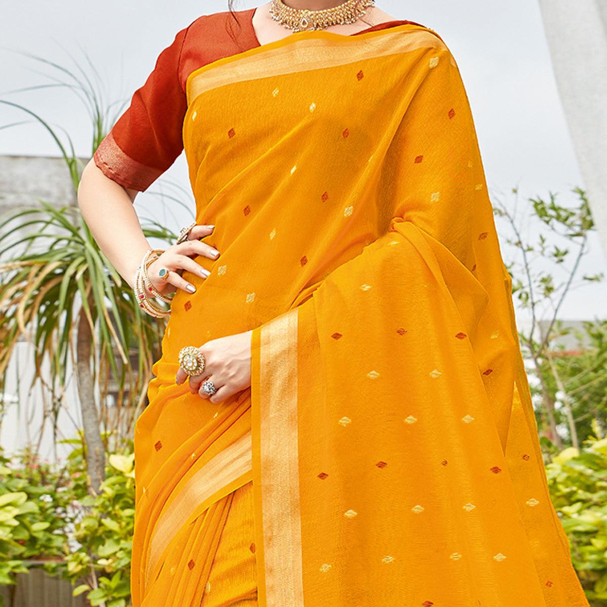 Yellow Festive Wear Woven Cotton Saree - Peachmode