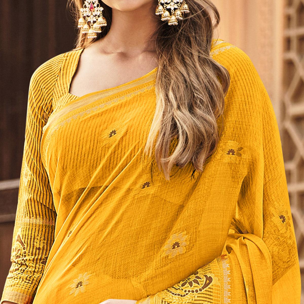 Yellow Festive Wear Woven Cotton Saree - Peachmode
