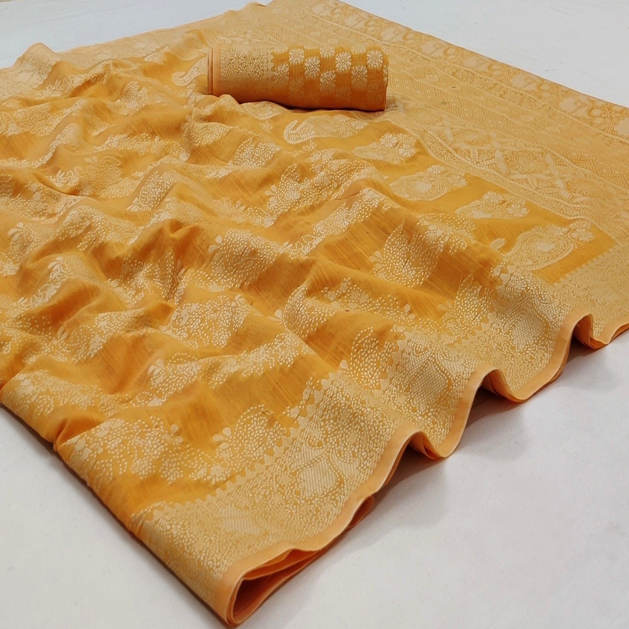 Yellow Festive Wear Woven Cotton Saree - Peachmode
