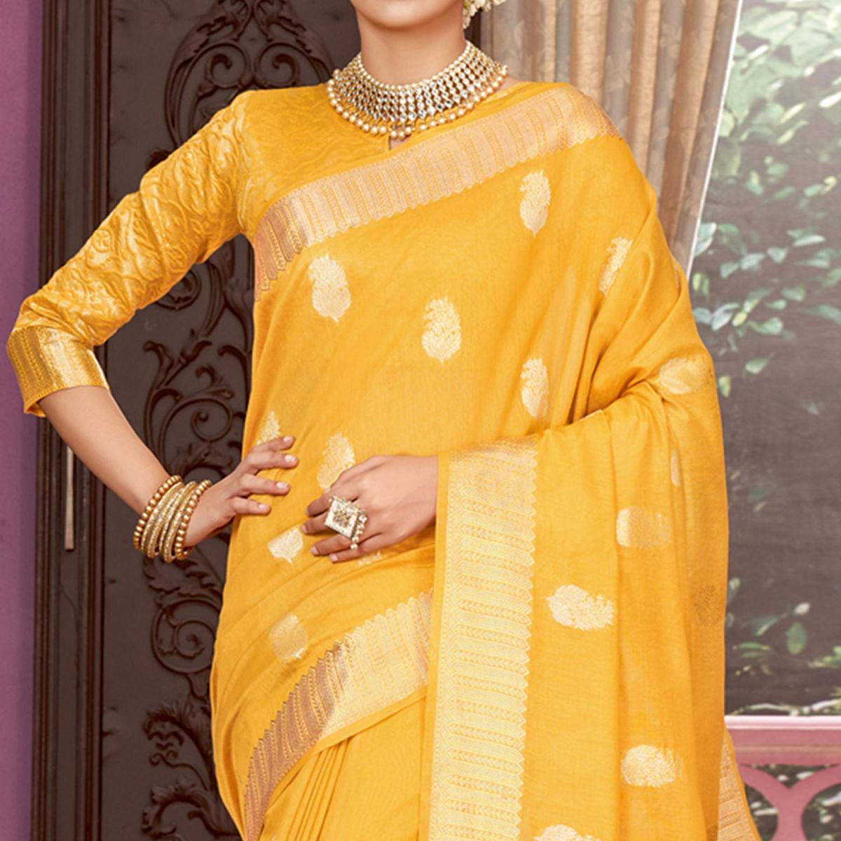 Yellow Festive Wear Woven Cotton Saree - Peachmode