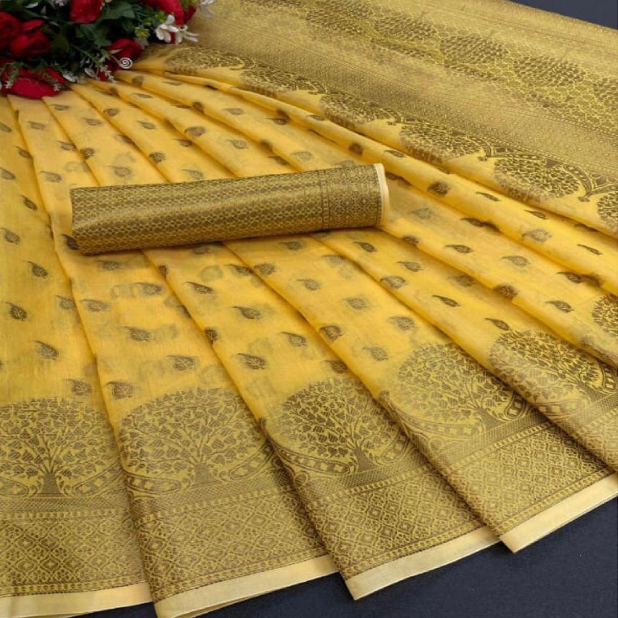 Yellow Festive Wear Woven Cotton Saree With Zari Border - Peachmode
