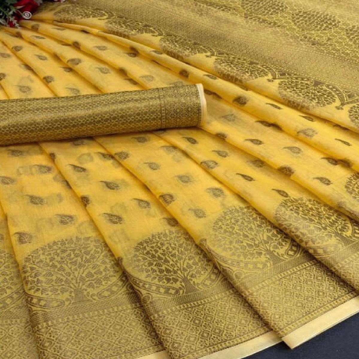 Yellow Festive Wear Woven Cotton Saree With Zari Border - Peachmode