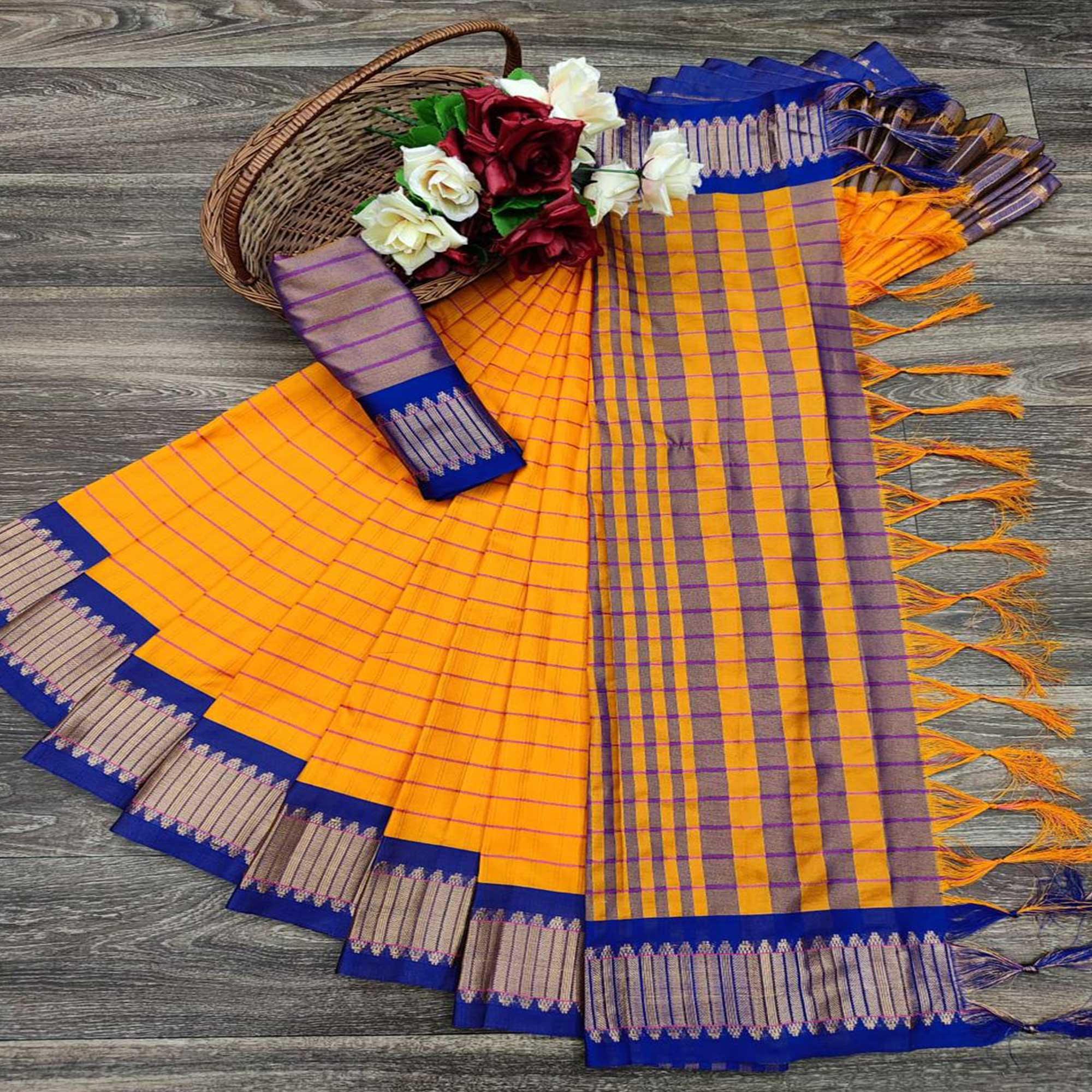 Yellow Festive Wear Woven Cotton Silk Saree - Peachmode
