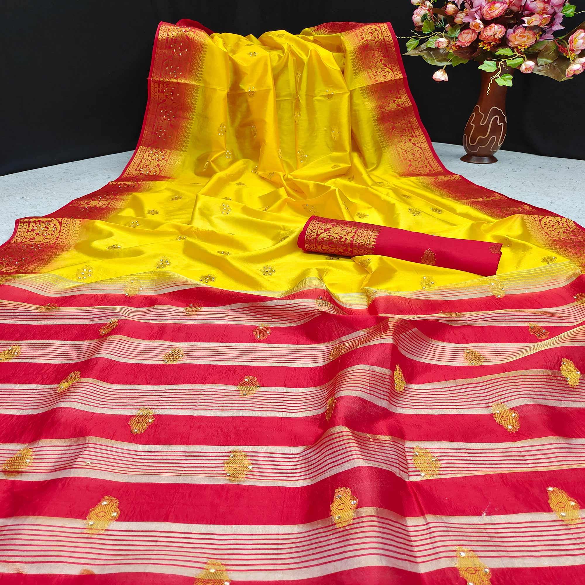 Yellow Festive Wear Woven Cotton Silk Saree - Peachmode